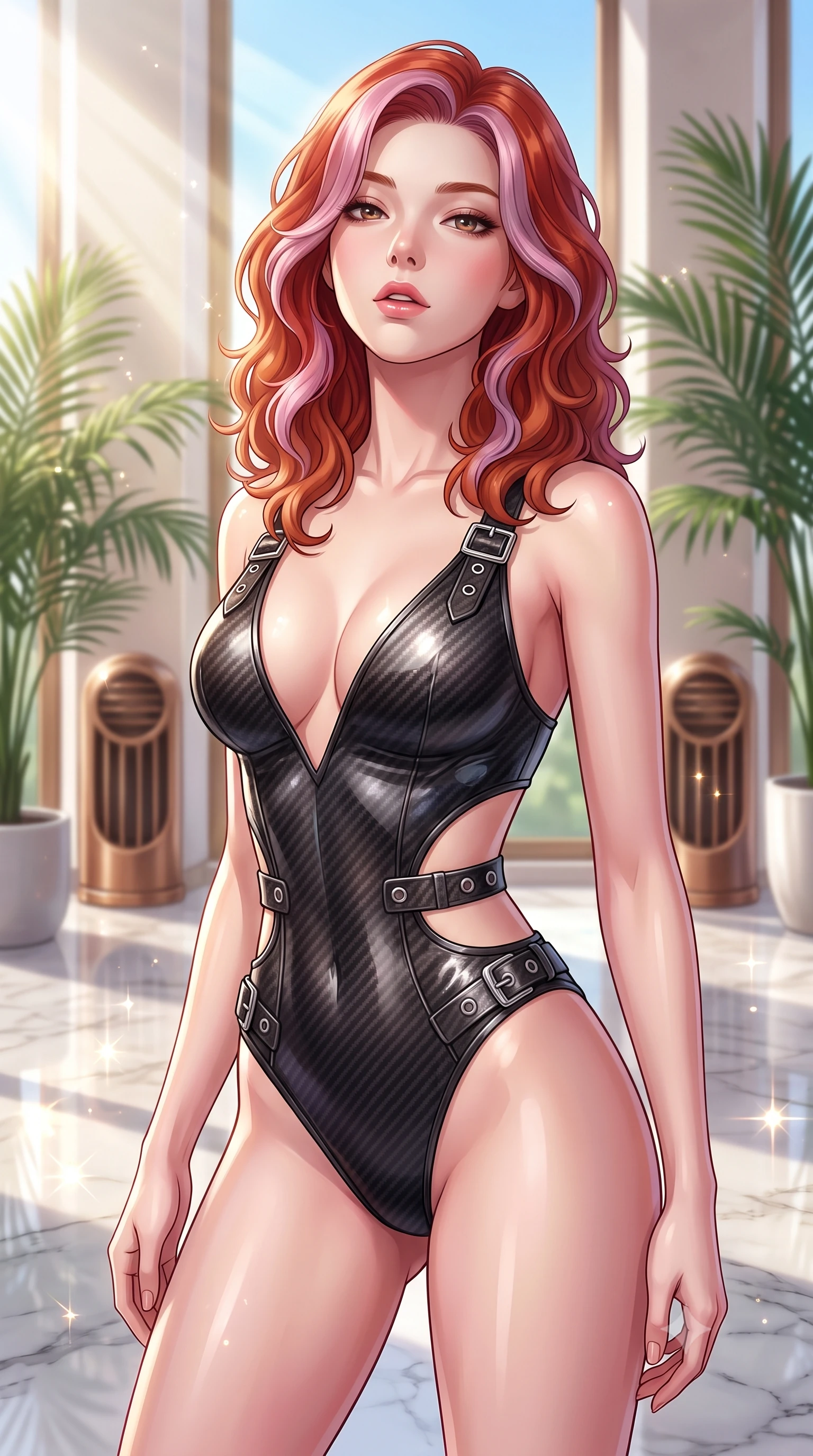 score_9, masterpiece, best quality, ultra-detailed, high-budget anime keyframe, editorial fashion photography, tasteful artistic composition, Caucasian woman woman. close-up cowboy shot from the waist and thighs up, the character dominates the composition, filling the frame with her large presence, background elements kept in soft focus. She has an exceptionally elegant, slender, and willowy female figure with an ultra-slim waist, a gracefully sculpted slender torso, and a refined silhouette. tilting her chin up slightly with lips parted in a composed and alluring expression, flawlessly proportioned anatomical accuracy, natural body alignment, perfectly sculpted elegant limbs, clean dynamic posture without body distortion. set against a soft-focus background of a luxury sunroom filled with potted palms and bronze vents. wearing a low-cut carbon fiber combat bodysuit with strategic waist cutouts and chrome hardware. bathed in bright morning sunbeams creating sparkling glints on polished floors. highly saturated vibrant anime colors, detailed shading with soft gradients, rich glossy textures, high-contrast stereoscopic depth, volumetric dynamic lighting, master piece, 9:16 ratio