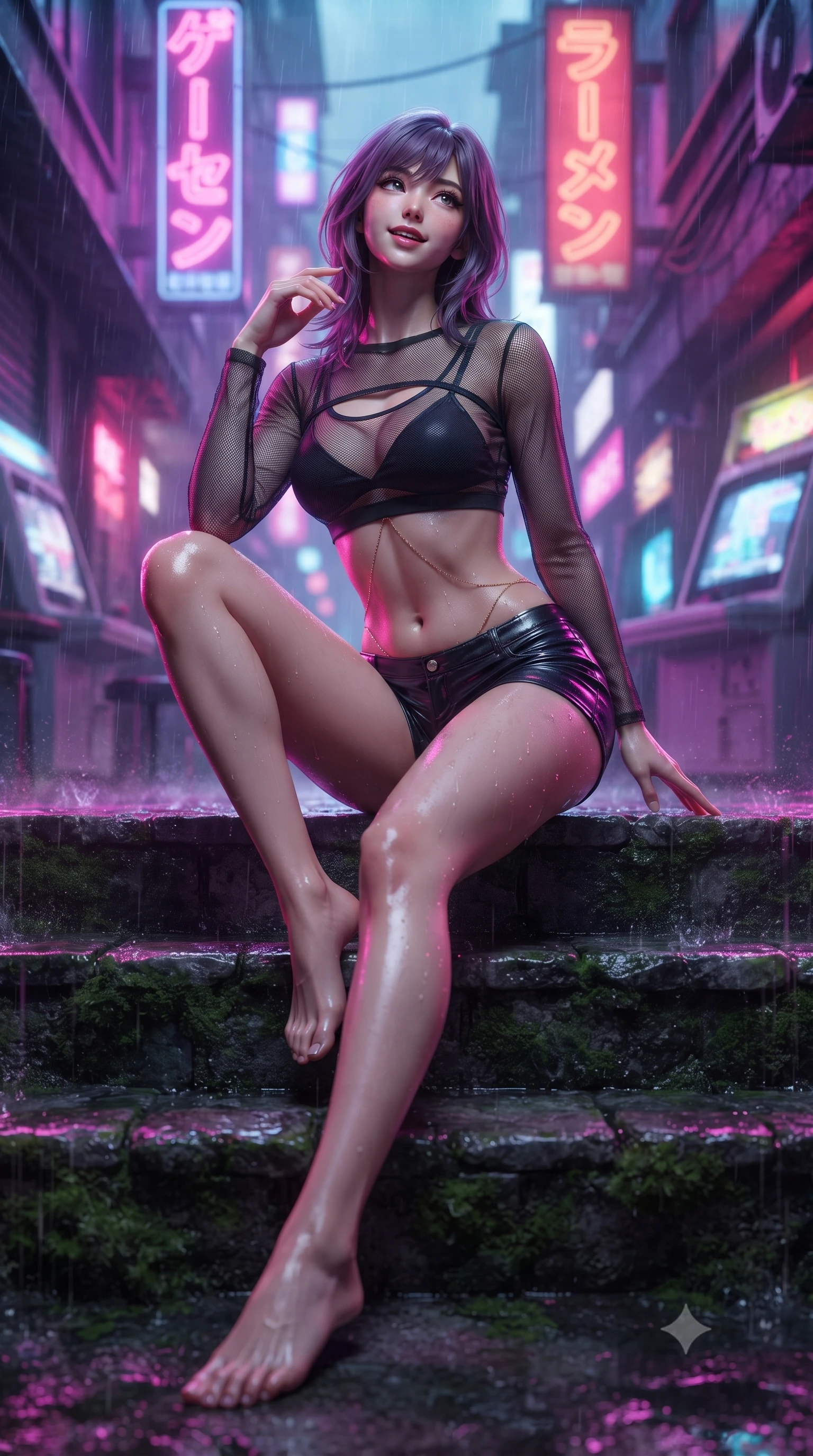 score_9, masterpiece, best quality, ultra-detailed, high-budget anime keyframe, editorial fashion photography, tasteful artistic composition, Japanese woman. low angle full-body shot from head to toe showing her feet, filling the entire 9:16 vertical frame with her statuesque presence, stretching her vertical silhouette. sitting poised on the stone steps with one knee bent, arching her spine with supermodel elegance as she glances upward through thick eyelashes while standing poised in the middle of the rain-washed alley with hips cocked back, looking into the camera with an irresistible bedroom-smile. The background shows a soft-focus flickering CRT arcade game screens, retro kanji neon signs, and rainy street puddles blurred into neon pink, violet, and electric blue bokeh. She has an absolutely perfect, statuesque 8.5-heads proportion, an exceptionally tall and slender model-like female figure with impossibly long slender legs, an ultra-slim waist, a flat toned midriff, narrow delicate ribcage, and beautifully sculpted feminine hips creating a graceful, slim hourglass silhouette without any bulky heaviness. sharp v-shaped jawline, high-bridge nose, sparkling eyes with hypnotic seductive depth, thick curled eyelashes, glossy parted lips with a natural dewy peach sheen, alluring bedroom-eyes with an enchanting coquettish smile, exuding magnetic siren charisma and sophisticated glamour, flawlessly proportioned anatomical accuracy, strict slender model proportions, natural body alignment, perfectly sculpted long slender limbs, ultra-slim waistline, clean dynamic posture without body distortion. wearing a sheer athletic mesh long-sleeve crop top layered over an opaque strappy micro-bralette and tight leatherette shorts in wet-look onyx black with electric fuchsia reflections, made of semi-opaque stretch illusion mesh with soft shadowy contours, finished with a dainty gold belly chain resting across her flat midriff and curving hips, the form-contouring silhouette accentuating her sculpted flat midriff, narrow delicate ribcage, and gracefully curvy hips with intoxicating allure. illuminated by puddle specular bounce and sharp magenta rim lights defining her razor-sharp jawline, ultra-slim waist, and curvy hips. ultra-reflective glossy finish, specular highlights, rich textural contrasts, high-contrast stereoscopic depth, volumetric dynamic lighting, 2k, ultra detail, master piece, 9:16 ratio