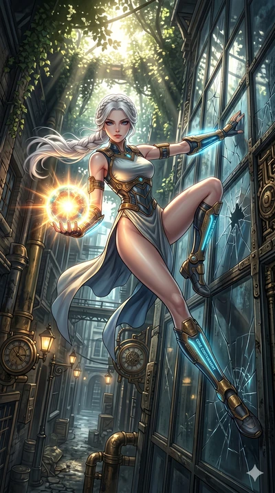score_9, masterpiece, best quality, ultra-detailed, Set A: High-budget Anime Keyframe, Caucasian (human ears) woman. Low angle cowboy shot filling the entire 9:16 frame with her statuesque presence. Theme: Urban Decay. sliding down a glass skyscraper