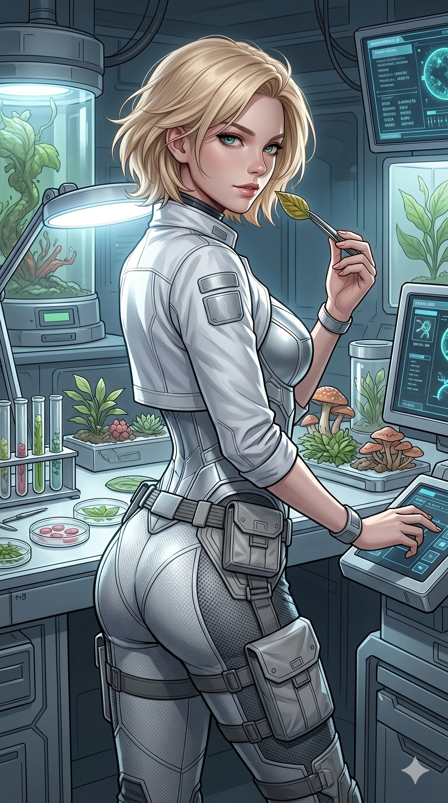 score_9, masterpiece, best quality, ultra-detailed, high-budget anime keyframe, editorial fashion photography, tasteful artistic composition, Caucasian woman, strictly human ears. Upper body close-up from the thighs up, character filling the screen for maximum presence. Inside a biotech research pod, examining a leaf sample, holding the sample with tweezers, looking back with a focused smile. She is wearing a cropped lab jacket over a structured silver bodice and utility leggings. The scene is lit by the bright white light of the laboratory workbench lamp. 2k, ultra detail, master piece, 9:16 ratio