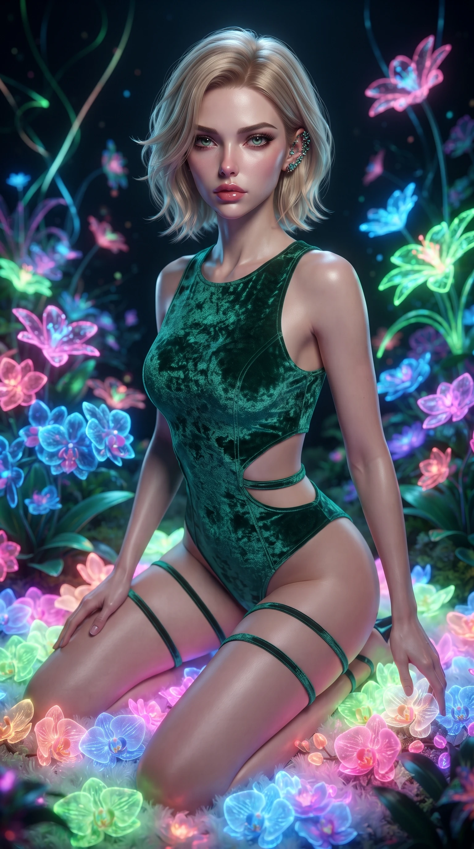 score_9, masterpiece, best quality, ultra-detailed, High-budget Anime Keyframe, editorial fashion photography, tasteful artistic composition, realistic cosplay photography, Caucasian woman, strictly human ears. Low angle cowboy shot filling the entire 9:16 frame with her statuesque presence. Scenario 435: kneeling on a soft bed of glowing neon orchids under a virtual garden where neon flowers bloom in the dark. Her presence is magnetic and overpowering in this high-budget cinematic scene. Outfit 435: a form-contouring emerald green crushed velvet bodysuit with strategic waist cut-outs and slender leg straps. The clothing is designed to emphasize her exceptionally tall and slender 8-heads proportion. 8-heads proportion, towering silhouette, ultra-slim waist. sharp v-shaped jawline, intricate jewel-like eyes with depth, thick eyelashes, glossy lips. ultra-reflective glossy finish, specular highlights, metallic sheen, high-contrast stereoscopic depth, volumetric dynamic lighting, 2k, ultra detail, master piece, 9:16 ratio