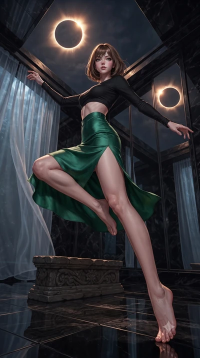 score_9, masterpiece, best quality, ultra-detailed, high-budget anime keyframe, editorial fashion photography, tasteful artistic composition, Caucasian woman, strictly human ears. low angle full-body shot from head to toe showing her feet, filling th