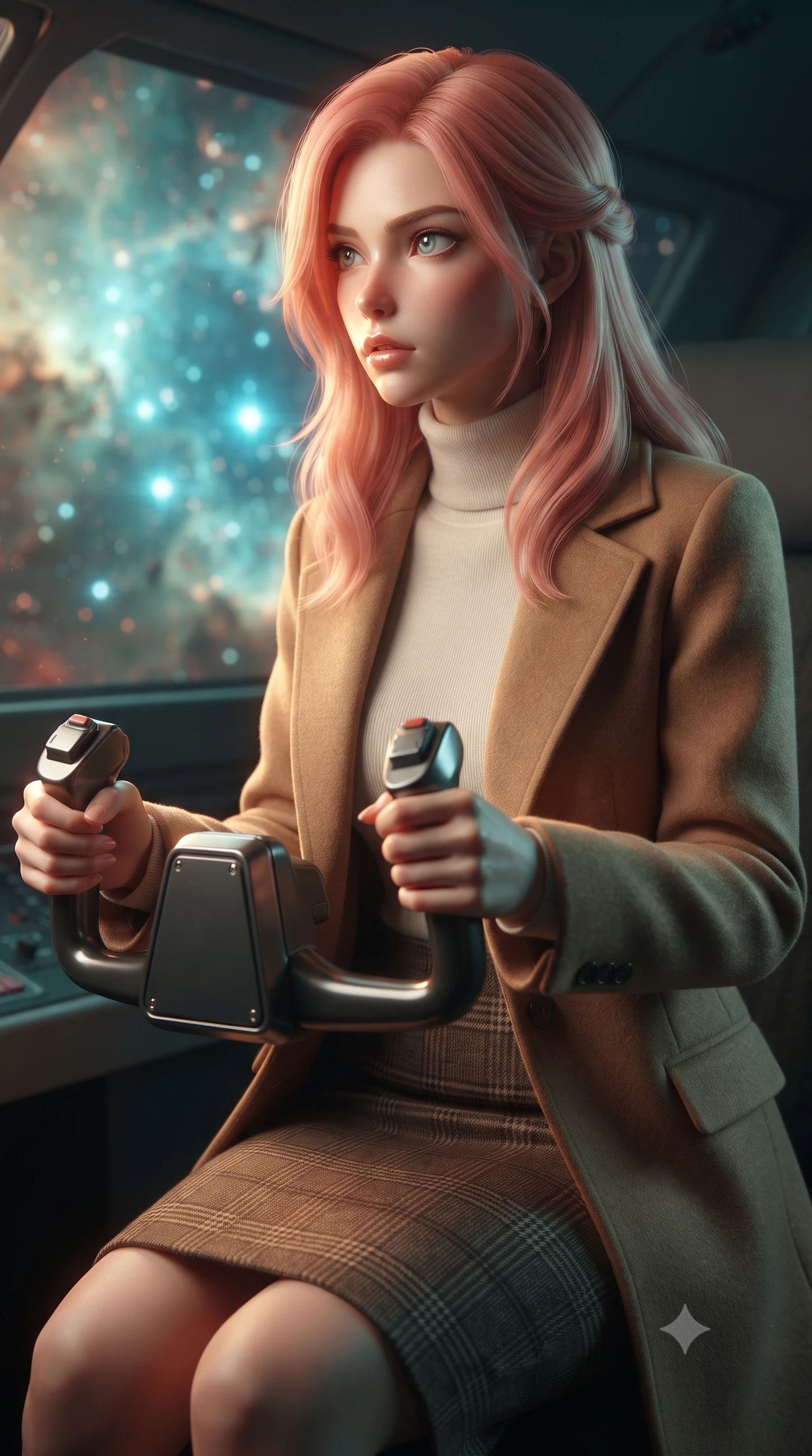 score_9, masterpiece, best quality, ultra-detailed, high-budget anime keyframe, editorial fashion photography, tasteful artistic composition, realistic cosplay photography, Japanese woman. close-up cowboy shot from the waist and thighs up, the character dominates the composition, filling the frame with her large presence, background elements kept in soft focus. Piloting a starfighter through a tight asteroid gap, hands tight on the flight yoke, looking sharply left. set against a soft-focus background of inside a gas cloud where baby blue stars are forming like bright gems, casting ripples through the nebula dust. She has an exceptionally elegant and slender, willowy female figure with an ultra-slim waist, a gracefully sculpted slender torso, and a refined slim physique. sharp v-shaped jawline, high-bridge nose, intricate jewel-like eyes with depth, thick eyelashes, glossy lips with a natural sheen. wearing catching and diffusing the glowing particles, shimmering softly in response to the surrounding light, a slim-fit camel hair overcoat over a soft ivory turtleneck and a brown plaid wool pencil skirt. warm amber rim lighting combined with cool teal fill light creating dramatic contrast. ultra-reflective glossy finish, specular highlights, metallic sheen, high-contrast stereoscopic depth, volumetric dynamic lighting, 2k, ultra detail, master piece, 9:16 ratio
