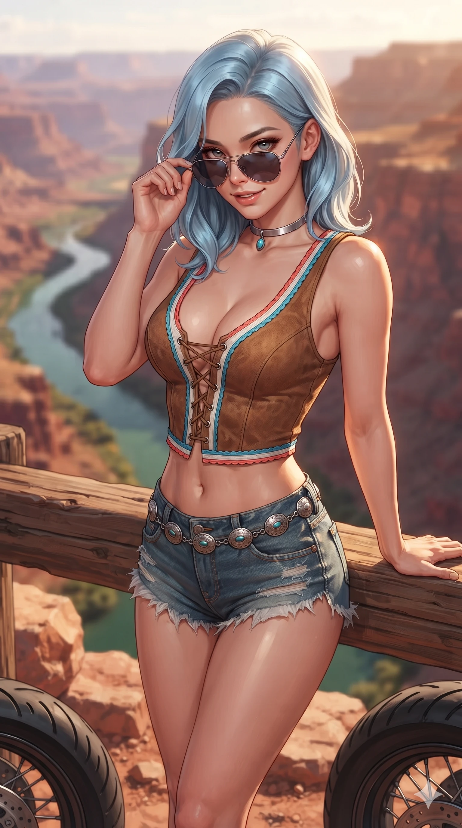 score_9, masterpiece, best quality, ultra-detailed, high-budget anime keyframe, editorial fashion photography, tasteful artistic composition, Korean woman. close-up cowboy shot from the waist and thighs up, the character dominates the composition, filling the frame with her large presence. leaning against the timber guardrail with hips cocked back, looking through dark sunglasses with an alluring, confident half-smile while twisting her slender torso in an alluring S-curve between parked motorcycle tires and cliffside rocks, warm desert speculars glinting off her flat midriff and curvy hips. The background shows a soft-focus distant canyon horizons, snaking emerald river miles below, and layered red rock plateaus blurred into terracotta, ochre, and haze-purple bokeh. She has an exceptionally elegant, slender, and willowy female figure with an ultra-slim waist, flat toned midriff, narrow ribcage, and sculpted feminine hips creating an alluring, slim hourglass silhouette without bulk. sharp v-shaped jawline, high-bridge nose, sparkling eyes with hypnotic seductive depth, thick curled eyelashes, glossy parted lips with a natural dewy peach sheen, alluring bedroom-eyes with an enchanting coquettish smile, exuding magnetic siren charisma and sophisticated glamour, flawlessly proportioned anatomical accuracy, strict slender model proportions, natural body alignment, perfectly sculpted long slender limbs, ultra-slim waistline, clean dynamic posture without body distortion. wearing a plunging lace-up suede bustier top paired with ultra-short frayed denim cutoffs and a silver concho waist chain in Mediterranean cerulean blue and optic white with coral trims, crafted from rugged heavy-duty canvas and oiled leather with authentic desert durability, finished with a minimalist chrome choker and a single turquoise stone pendant, the form-contouring material adhering flawlessly to her sculpted flat midriff and slender torso, emphasizing her long leg lines and perfectly proportioned willowy build. bathed in dramatic golden hour rays cutting horizontally through canyon crevices with rich warm amber washes. ultra-reflective glossy finish, specular highlights, rich textural contrasts, high-contrast stereoscopic depth, volumetric dynamic lighting, 2k, ultra detail, master piece, 9:16 ratio
