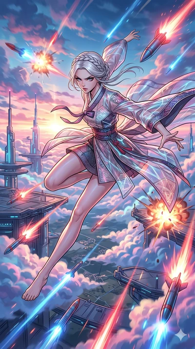 score_9, masterpiece, best quality, ultra-detailed, high-budget anime movie keyframe, cinematic anime lighting, intricate line art, Japanese woman. Low angle cowboy shot capturing a powerful motion and statuesque presence. dodging a barrage of glowin