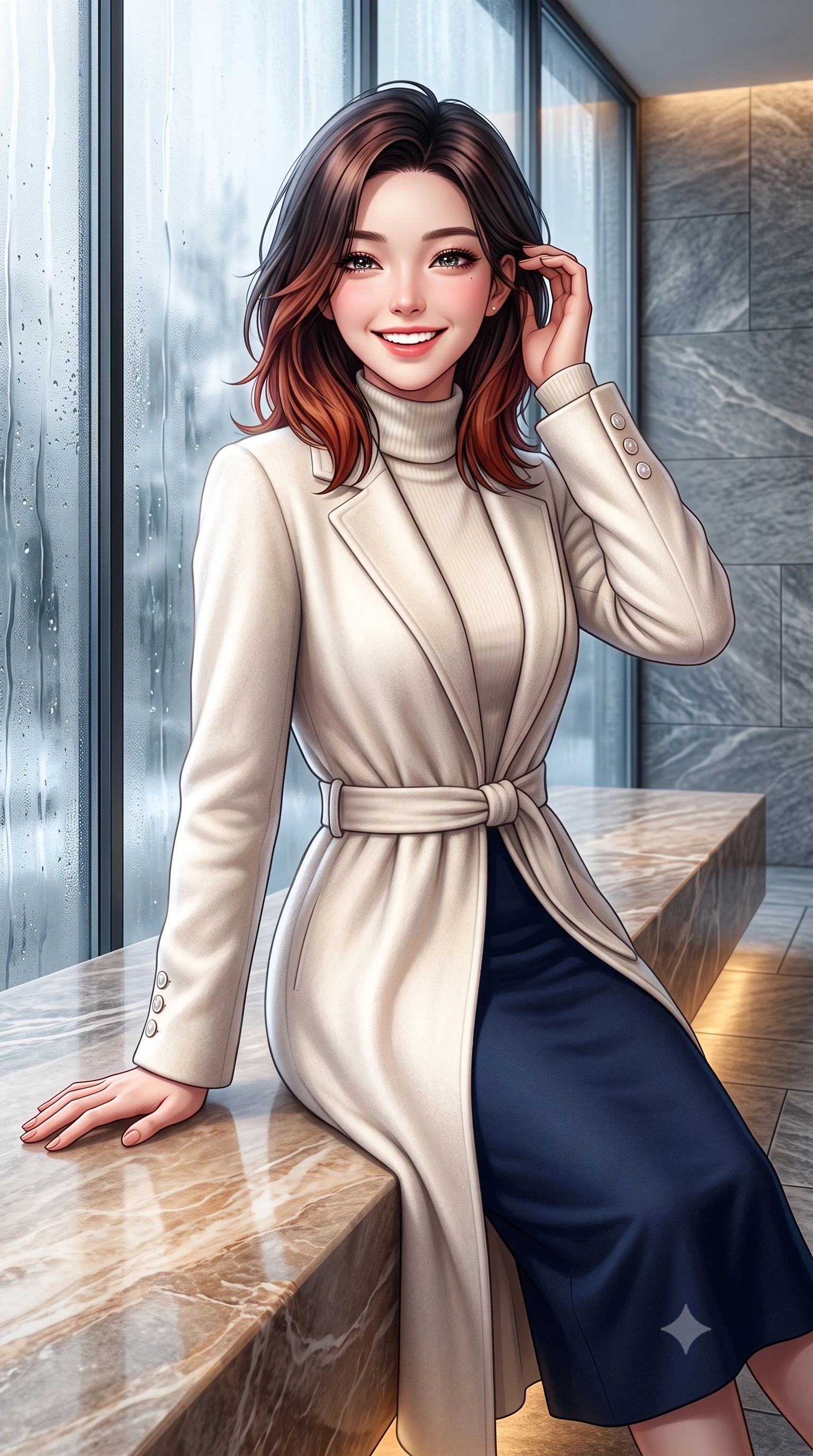 score_9, masterpiece, best quality, ultra-detailed, high-budget anime keyframe, semi-realistic 3D game render, editorial fashion photography, tasteful artistic composition, Korean woman. close-up cowboy shot from the waist and thighs up, the character dominates the composition, filling the frame with her large presence. gently brushing a lock of hair behind her ear with one hand while flashing a radiant, joyful smile while leaning against a smooth heated marble bench, resting one hand on the warm stone with effortless wellness-model grace. The surrounding environment is rendered in vivid detail and crisp panoramic clarity: sharp thermal glass mullion seams, water droplet rivulets on exterior panes, and textured grey Vals quartzite stone tiles in deep focus. She has an exceptionally elegant, slender, and willowy female figure with an ultra-slim waist, flat toned midriff, narrow ribcage, and sculpted feminine hips creating an alluring, slim hourglass silhouette without bulk. sharp v-shaped jawline, high-bridge nose, intricate jewel-like sparkling eyes with depth, thick eyelashes, glossy parted lips with a natural peach sheen, bright cheerful beaming smile with an enchanting and coquettish sensual glint, exuding both youthful cute charm and seductive allure, flawlessly proportioned anatomical accuracy, strict slender model proportions, natural body alignment, perfectly sculpted long slender limbs, ultra-slim waistline, clean dynamic posture without body distortion. wearing a luxurious longline cashmere cardigan coat with a belted waist worn over an ivory turtleneck and wool midi skirt in French navy blue and crisp alabaster white, made of luxurious brushed wool flannel with rich textural depth and clean structure, finished with fine mother-of-pearl cuff buttons catching the soft ambient light, the sharp shoulder tailoring and gently nipped waist framing her slender torso with pristine sartorial perfection. bathed in calm diffused winter daylight filtering through steamy glass panes combined with warm 2800K recessed floor lights. highly saturated vibrant anime colors, detailed shading with soft gradients, rich glossy textures, high-contrast stereoscopic depth, volumetric dynamic lighting, master piece, 9:16 ratio