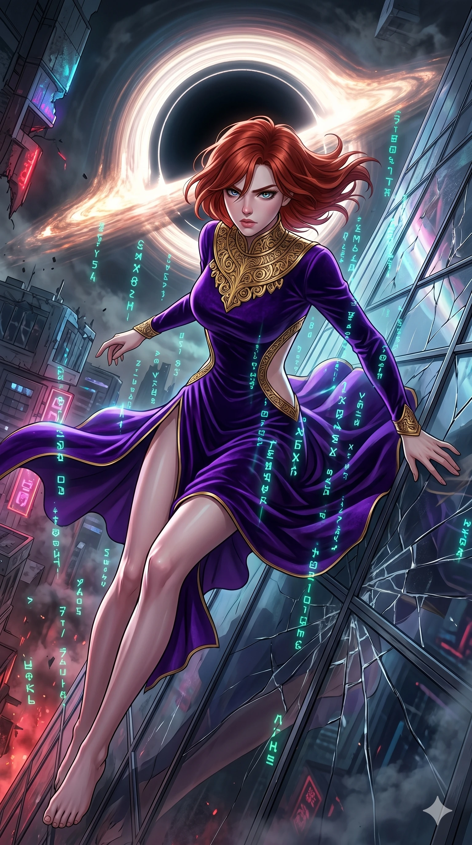 score_9, masterpiece, best quality, ultra-detailed, Set A: High-budget Anime Keyframe, Caucasian (human ears) woman. Upper body close-up from the thighs up, character filling the screen for maximum presence. Theme: Urban Decay. sliding down a glass skyscraper in the edge of a black hole, as a digital rain of 77 symbols washes over her. The atmosphere is filled with heavy smog with neon flares. She has an absolutely perfect 8-heads proportion, an exceptionally tall and slender female figure with impossibly long slender legs and an ultra-slim waist. Sharp v-shaped jawline, high-bridge nose, intricate jewel-like eyes with depth, glossy lips. Wearing Royal purple velvet gown with a massive gold-engraved neck-piece and open sides. Cinematic lighting, vivid colors, dramatic shadows, 2k, ultra detail, master piece, 9:16 ratio