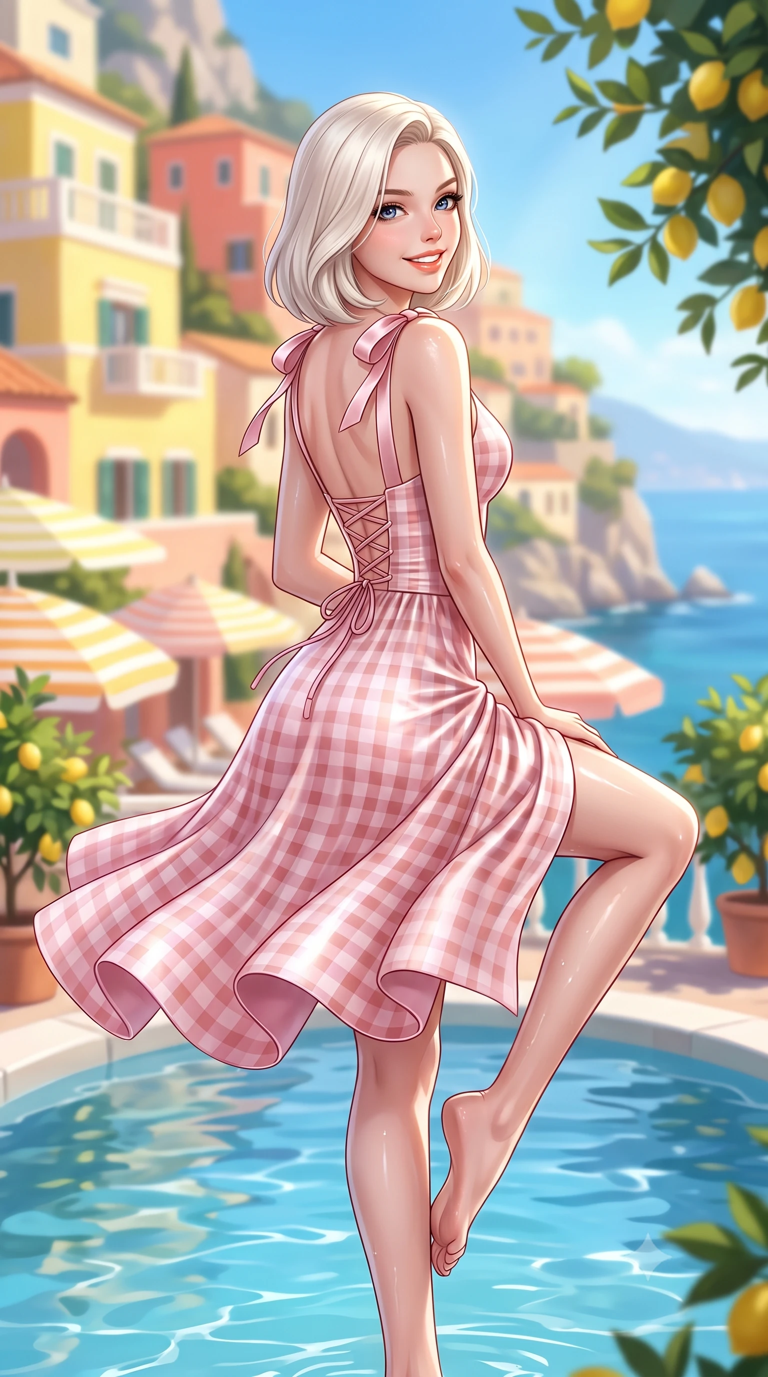 score_9, masterpiece, best quality, ultra-detailed, high-budget anime keyframe, semi-realistic 3D game render, editorial fashion photography, tasteful artistic composition, Caucasian woman. low angle full-body shot from head to toe showing her feet, filling the entire 9:16 vertical frame with her statuesque presence, stretching her vertical silhouette. executing a cheerful mid-motion pivot turn as her skirt flutters around her slender legs, glancing over her shoulder with an intoxicating, teasing cute expression while sitting on the edge of a cliffside mineral plunge pool shaded by fragrant lemon trees, arching her back with a radiant cute smile and wet hips. The composition keeps background elements in soft focus with dreamy creamy bokeh. cascading pastel yellow and coral cliffside villas, striped beach umbrellas, and azure sea blurred into lemon-yellow, peach, and sapphire bokeh. She has an exceptionally tall and slender model-like 8.5-heads proportion, an ultra-slim waist, a flat toned midriff, narrow delicate ribcage, and beautifully sculpted feminine hips creating a graceful, slim hourglass silhouette without any bulky heaviness, with impossibly long slender legs. sharp v-shaped jawline, high-bridge nose, intricate jewel-like sparkling eyes with depth, thick eyelashes, glossy parted lips with a natural peach sheen, bright cheerful beaming smile with an enchanting and coquettish sensual glint, exuding both youthful cute charm and seductive allure, flawlessly proportioned anatomical accuracy, strict slender model proportions, natural body alignment, perfectly sculpted long slender limbs, ultra-slim waistline, clean dynamic posture without body distortion. wearing a backless lace-up gingham sundress with a form-fitting bodice and hip-defining silhouette in cherry blossom pink and soft rose gold, made of smooth fluid silk satin with a delicate pearlescent sheen, finished with cute satin bow ribbons tying at the shoulders, the glove-like silhouette tightly following the natural contour of her hips and long slender legs with youthful 8.5-heads elegance. illuminated by intense pool water specular reflections sharply defining her razor-sharp jawline, narrow waist, and curvy hips. highly saturated vibrant anime colors, detailed shading with soft gradients, rich glossy textures, high-contrast stereoscopic depth, volumetric dynamic lighting, master piece, 9:16 ratio