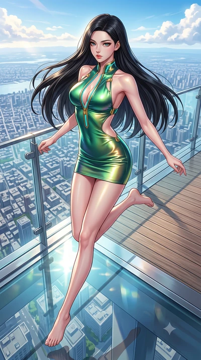 score_9, masterpiece, best quality, ultra-detailed, high-budget anime keyframe, semi-realistic 3D game render, editorial fashion photography, tasteful artistic composition, Korean woman. low angle full-body shot from head to toe showing her feet, fil