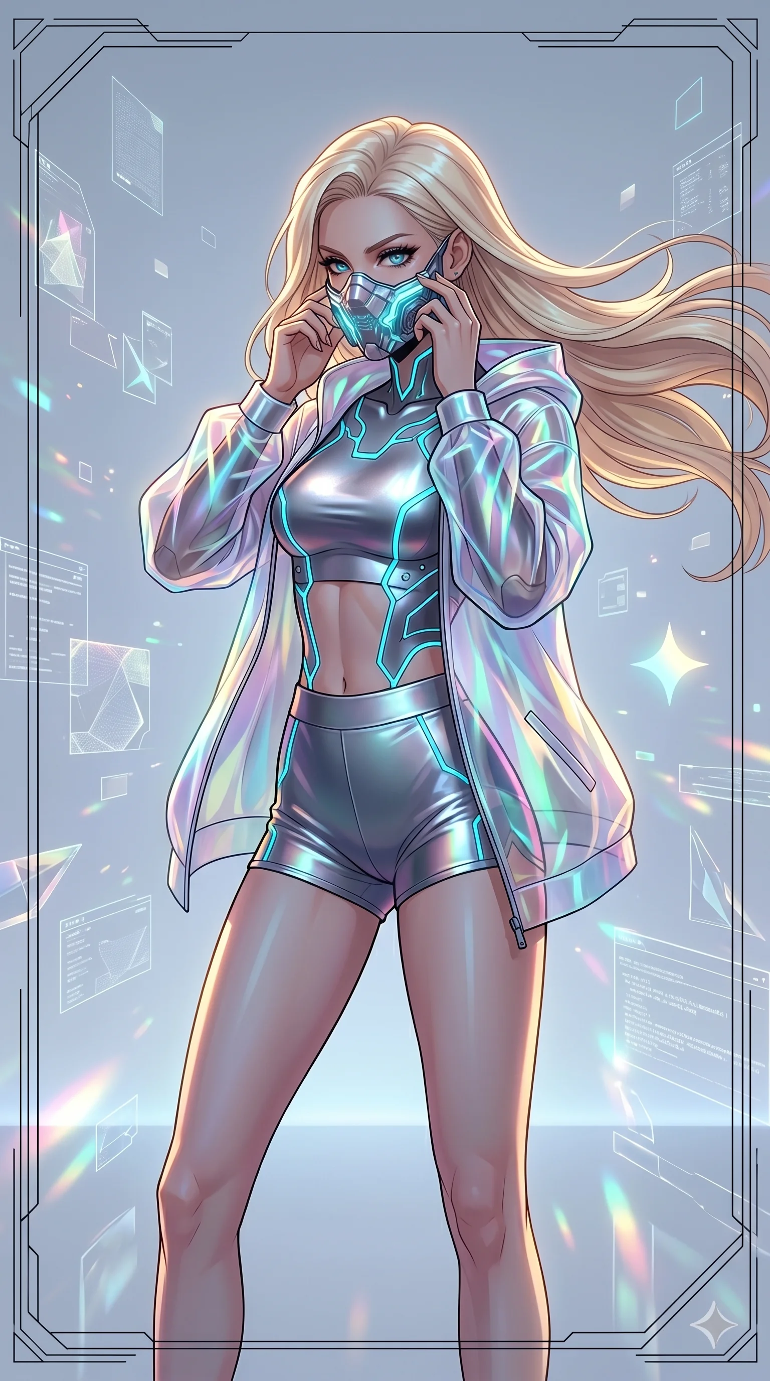 score_9, masterpiece, best quality, ultra-detailed, high-budget anime movie keyframe, cinematic anime lighting, intricate line art, Caucasian (strictly human ears) woman. Medium shot of upper body capturing the intricate details of her high-fashion attire. adjusting a glowing mask in a minimalist digital void surrounded by floating data-shards. She has an absolutely perfect 8-heads proportion, an exceptionally tall and slender female figure with an ultra-slim waist and impossibly long slender legs. sharp v-shaped jawline, high-bridge nose, intricate jewel-like eyes, thick eyelashes, glossy lips. Wearing premium athleisure set with a metallic-finish compression top, high-cut yoga shorts that accentuate her long legs, and a sheer oversized hoodie. The scene is illuminated by dramatic atmospheric lighting and vibrant color palettes. , 2k, ultra detail, master piece, 9:16 ratio