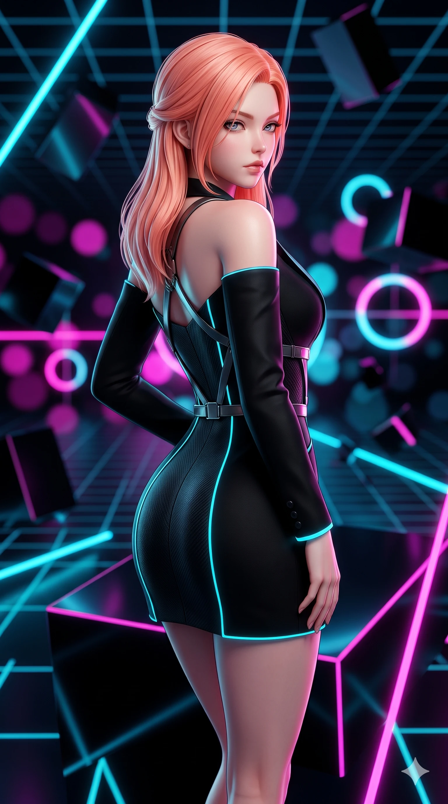 score_9, masterpiece, best quality, ultra-detailed, high-budget anime keyframe, semi-realistic 3D game render, editorial fashion photography, tasteful artistic composition, Japanese woman. close-up cowboy shot from the waist and thighs up, the character dominates the composition, filling the frame with her large presence. posing in an alluring rear three-quarter angle, turning over a bare shoulder with an intoxicating, smoldering gaze while standing poised on the edge of a floating obsidian megalith suspended over an infinite neon grid, arching her back with sovereign cyberpunk grace. The background shows a soft-focus tumbling obsidian geometric slabs, endless deep-space perspective grid lines, and glowing neon ring nodes blurred into magenta, cyan, and pitch-black bokeh. She has an exceptionally elegant, slender, and willowy female figure with an ultra-slim waist, flat toned midriff, narrow ribcage, and sculpted feminine hips creating an alluring, slim hourglass silhouette without bulk. sharp v-shaped jawline, high-bridge nose, intricate jewel-like dark sparkling eyes with hypnotic seductive depth, thick curled eyelashes, glossy parted lips with a natural wine sheen, alluring bedroom-eyes with an enigmatic smoldering smile, exuding magnetic sovereign charisma and dark avant-garde glamour, flawlessly proportioned anatomical accuracy, strict slender model proportions, natural body alignment, perfectly sculpted long slender limbs, ultra-slim waistline, clean dynamic posture without body distortion. wearing a tailored onyx black tux dress with silk lapels and fitted waist in neon cyan edge-glow and dark carbon black, woven from matte carbon-fiber weave with high-tech structural hold, highlighted by a gunmetal metallic harness structure, accentuating her gracefully sculpted slender torso and statuesque proportions. bathed in high-contrast cyan and hot-magenta neon vector lines slicing across dark surfaces. highly saturated vibrant anime colors, detailed shading with soft gradients, rich glossy textures, high-contrast stereoscopic depth, volumetric dynamic lighting, master piece, 9:16 ratio
