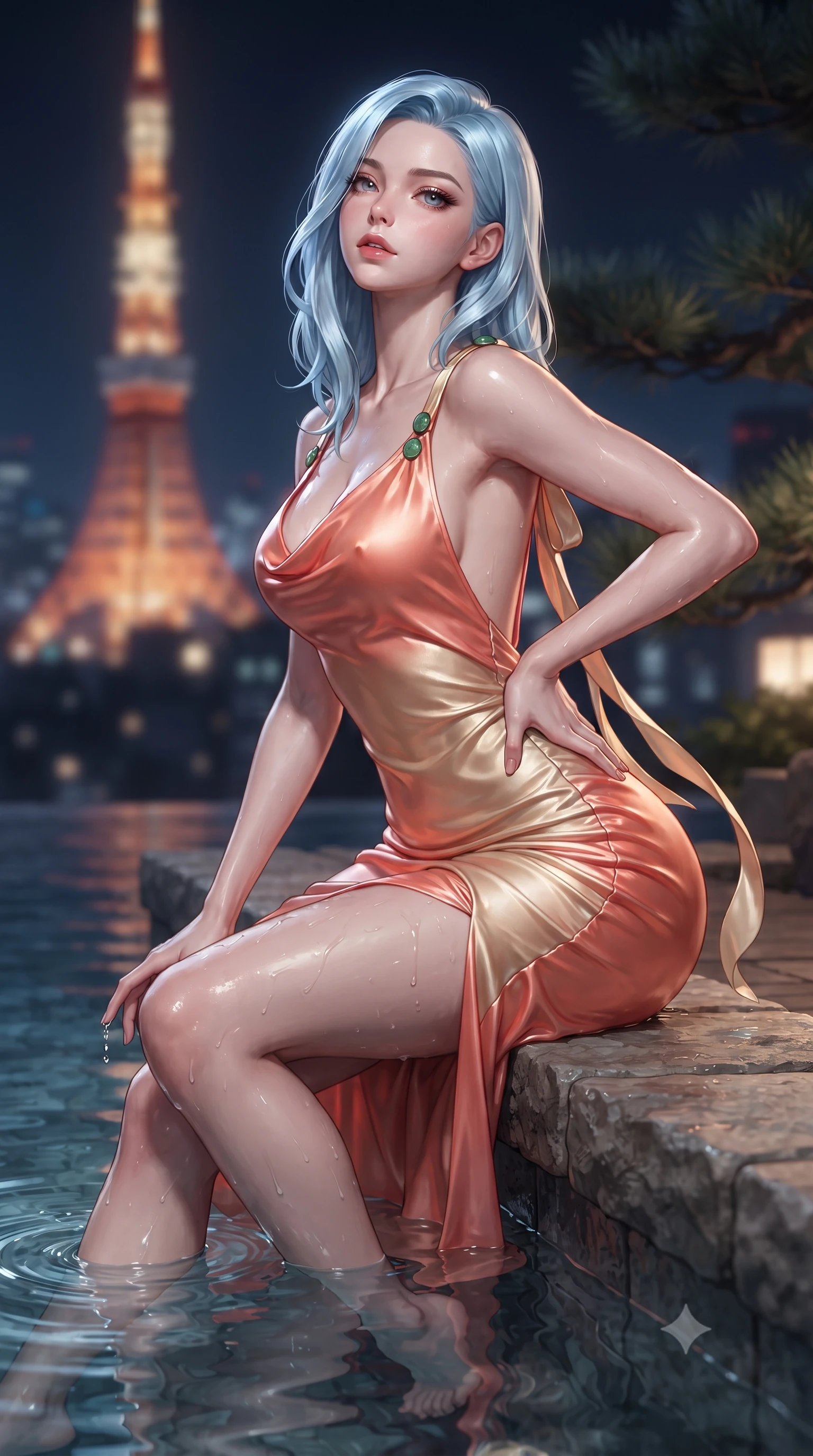 score_9, masterpiece, best quality, ultra-detailed, high-budget anime keyframe, editorial fashion photography, tasteful artistic composition, Korean woman. close-up cowboy shot from the waist and thighs up, the character dominates the composition, filling the frame with her large presence. tilting her chin up with proud, sovereign allure while gazing through thick eyelashes, one hand resting on her waist in pure supermodel charisma while sitting on the stone infinity pool edge with legs dipped in water, turning her upper body in an alluring S-curve toward the camera. The composition keeps background elements in soft focus with creamy bokeh. distant Tokyo Tower neon lights and dark pine branches softened in dreamy nocturnal shallow focus. She has an exceptionally elegant, slender, and willowy female figure with an ultra-slim waist, a gracefully sculpted slender torso, toned flat midriff, and rounded feminine hips creating an alluring hourglass silhouette. sharp v-shaped jawline, high-bridge nose, intricate jewel-like eyes with depth, thick eyelashes, glossy parted lips with a natural sheen, intensely captivating and seductive bedroom-eyes expression, flawlessly proportioned anatomical accuracy, strict slender model proportions, natural body alignment, perfectly sculpted long slender limbs, ultra-slim waistline, clean dynamic posture without body distortion. wearing a form-contouring liquid satin slip dress with a deep cowl back and hip-defining ruching in sunrise coral and champagne gold, tailored from smooth liquid silk satin adhering seamlessly to her wet skin, finished with genuine jade button closures and floating celestial silk ribbons, the second-skin form-contouring cut accentuating her sculpted flat midriff, narrow waistline, and dramatically curvy hips without adding bulk. surrounded by an intimate, tranquil, and deeply sensual Japanese skylounge muse aura. ultra-reflective glossy finish, specular highlights, rich textural contrasts, high-contrast stereoscopic depth, volumetric dynamic lighting, 2k, ultra detail, master piece, 9:16 ratio