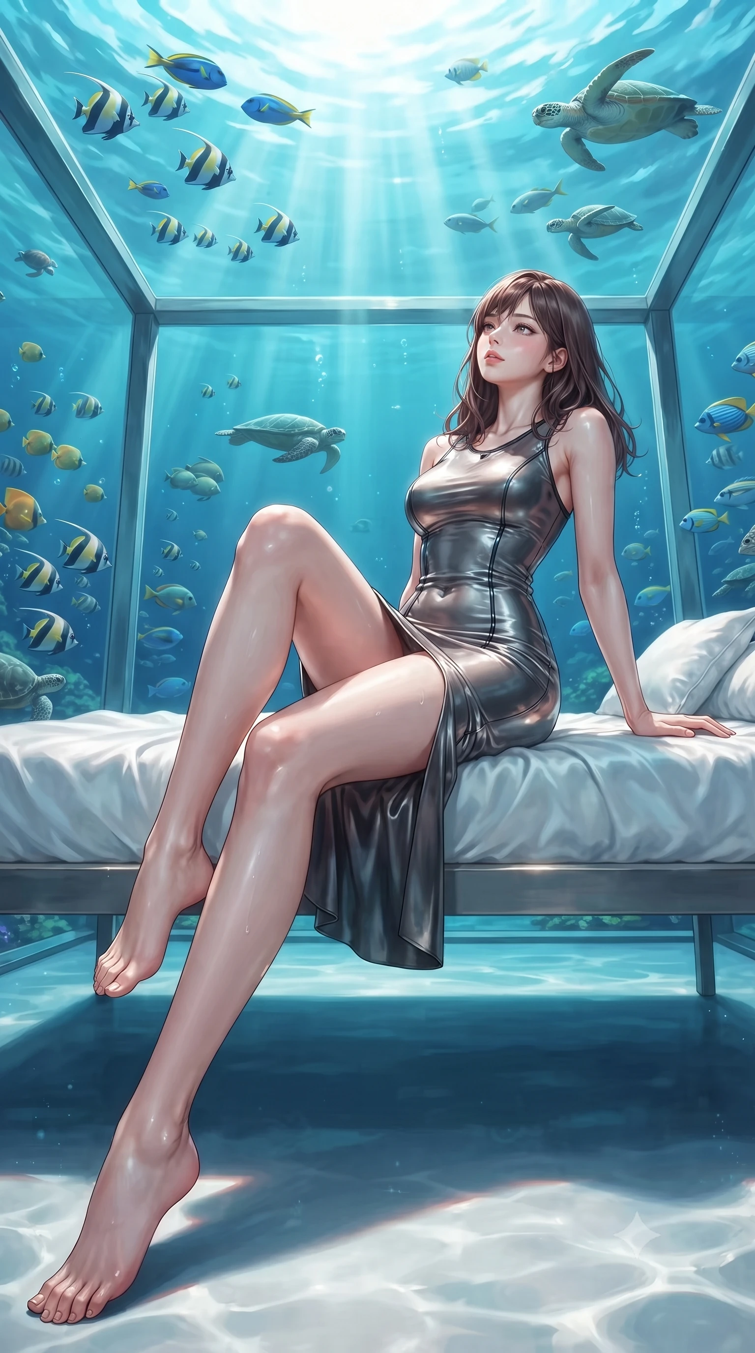 score_9, masterpiece, best quality, ultra-detailed, high-budget anime keyframe, editorial fashion photography, tasteful artistic composition, Korean woman. low angle full-body shot from head to toe showing her feet, filling the entire 9:16 vertical frame with her statuesque presence, stretching her vertical silhouette. navigating the private sanctuary with an effortless, graceful stride, lounging on a white silk daybed as sea turtles and tropical fish swim overhead, breathtaking luxury underwater aesthetic with divine allure. She has an absolutely perfect, statuesque 8.5-heads proportion, an exceptionally tall and slender model-like female figure with impossibly long slender legs and an ultra-slim waist. sharp v-shaped jawline, high-bridge nose, intricate jewel-like eyes with depth, thick eyelashes, glossy lips with a natural sheen. wearing precision-fitted bodycon dress in high-gloss liquid vinyl in metallic dark silver, made of polished black leather, adorned with minimalist black onyx hardware framing the silhouette, the fitted fabric emphasizing her ultra-slim waist. lit by clear sunbeams penetrating ocean depths with soft shadows. highly saturated vibrant anime colors, detailed shading with soft gradients, rich glossy textures, high-contrast stereoscopic depth, volumetric dynamic lighting, master piece, 9:16 ratio