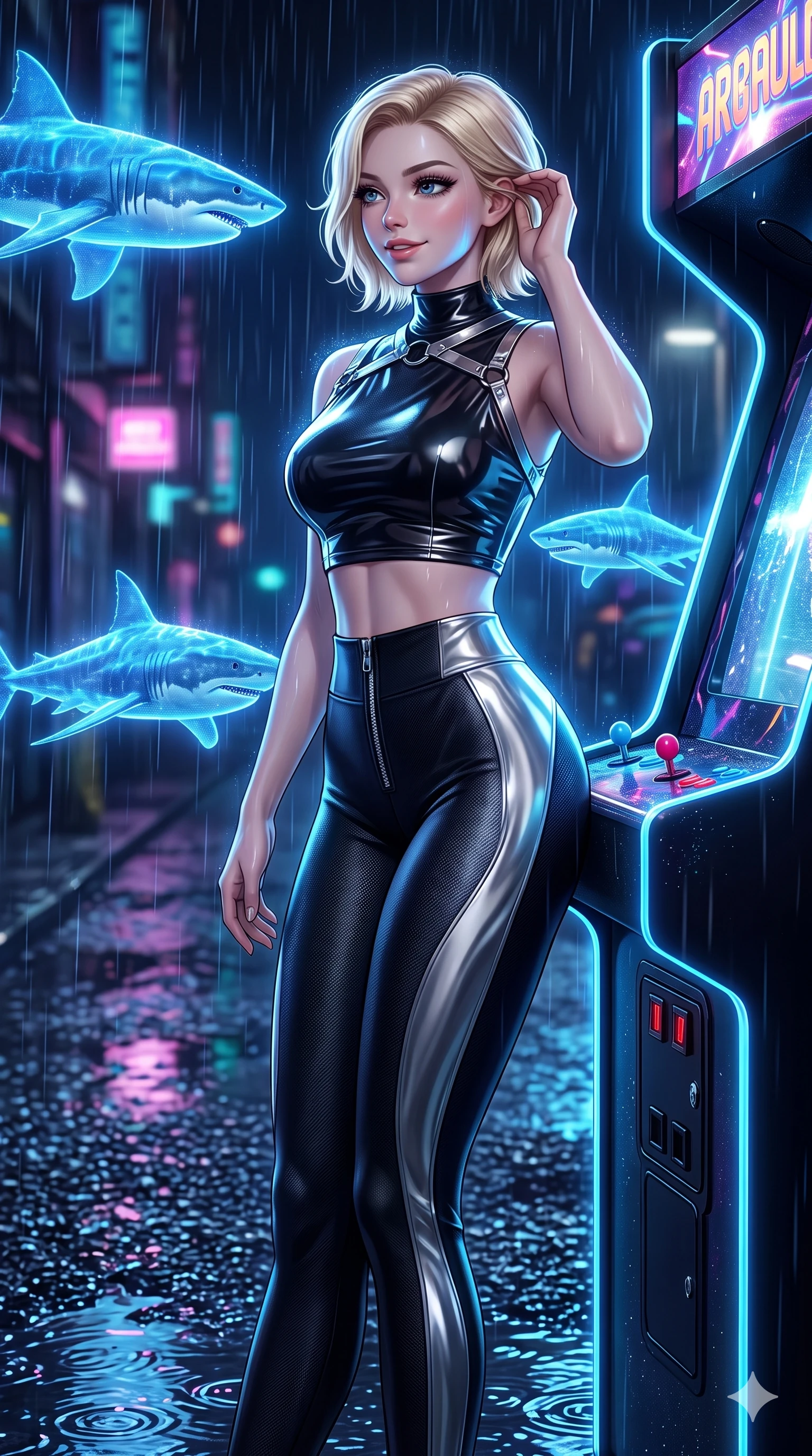 score_9, masterpiece, best quality, ultra-detailed, high-budget anime keyframe, editorial fashion photography, tasteful artistic composition, Caucasian woman. close-up cowboy shot from the waist and thighs up, the character dominates the composition, filling the frame with her large presence. gently brushing a lock of hair behind her ear while casting a playful, flirtatious side-gaze with long eyelashes while leaning against the glowing arcade console with hips cocked back, watching holographic blue sharks swim through the rain with smoldering bedroom-eyes. The surrounding environment is rendered in vivid detail and crisp panoramic clarity: sharp wet cobblestone textures, holographic shark fin refraction ripples, and glossy arcade cabinet bezels in deep focus. She has an exceptionally elegant, slender, and willowy female figure with an ultra-slim waist, flat toned midriff, narrow ribcage, and sculpted feminine hips creating an alluring, slim hourglass silhouette without bulk. sharp v-shaped jawline, high-bridge nose, intricate jewel-like sparkling eyes with depth, thick eyelashes, glossy parted lips with a natural peach sheen, bright cheerful beaming smile with an enchanting and coquettish sensual glint, exuding both youthful cute charm and seductive allure, flawlessly proportioned anatomical accuracy, strict slender model proportions, natural body alignment, perfectly sculpted long slender limbs, ultra-slim waistline, clean dynamic posture without body distortion. wearing a glossy vinyl crop top and high-waist tailored leggings with sleek chrome zippers and exposed midriff in deep obsidian black and liquid molten platinum, woven from structured carbon-fiber jacquard with rich textural depth, accented with a chrome-drop body harness subtly framing her dewy collarbones and spine, the liquid-tight tailored fabric clinging flawlessly to her narrow waist and rounded feminine hips, emphasizing every millimeter of her sculpted slim hourglass curves without any bulky heaviness. illuminated by puddle reflection bounce and sharp neon-blue rim lights defining her jawline, narrow waist, and curvy hips. ultra-reflective glossy finish, specular highlights, rich textural contrasts, high-contrast stereoscopic depth, volumetric dynamic lighting, 2k, ultra detail, master piece, 9:16 ratio