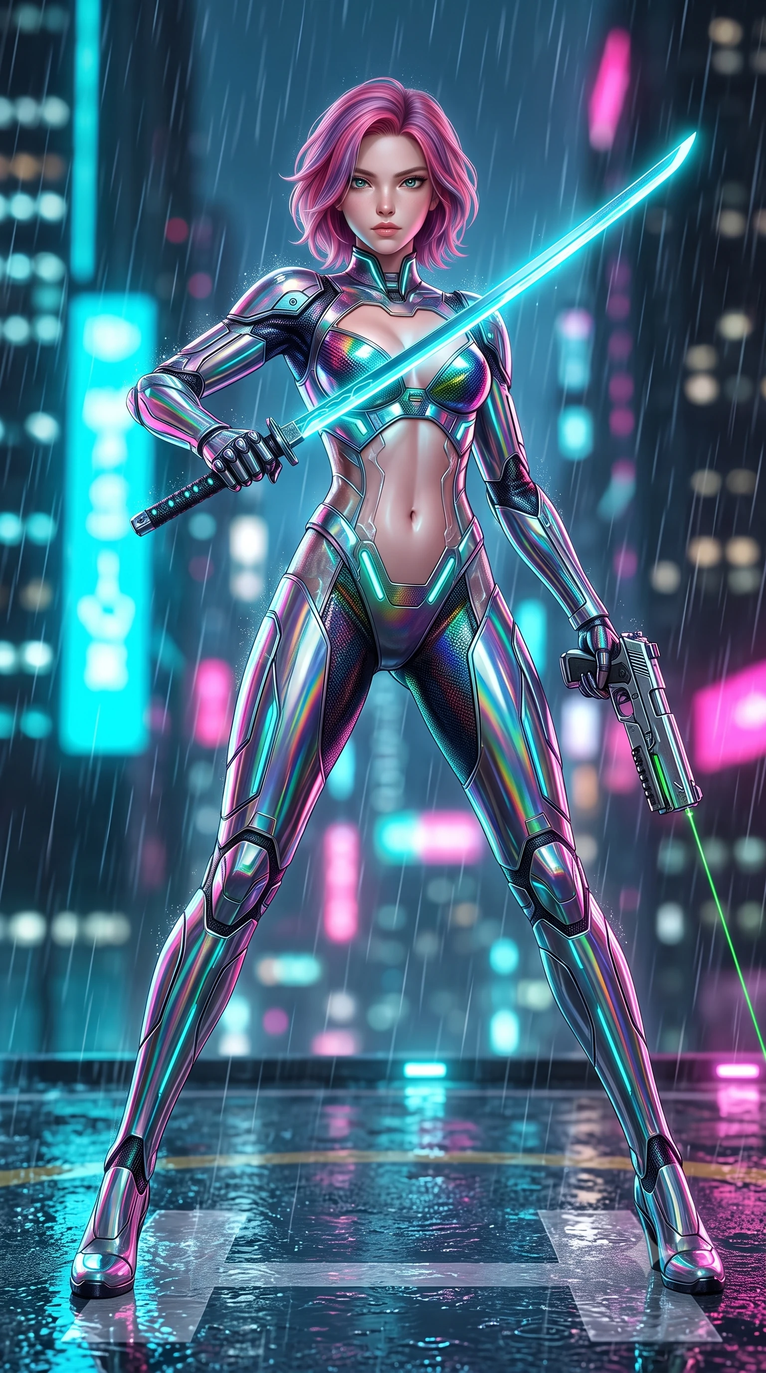 score_9, masterpiece, best quality, ultra-detailed, high-budget anime keyframe, semi-realistic 3D game render, editorial fashion photography, tasteful artistic composition, Caucasian woman. low angle full-body shot from head to toe showing her feet, filling the entire 9:16 vertical frame with her statuesque presence, stretching her vertical silhouette. performing an alluring mid-air combat landing with flawless poise, looking directly into the camera with regal, deadly intensity while standing with supreme combat grace on a wet skyscraper helipad amidst heavy neon rain while drawing a glowing cyan plasma katana. The composition keeps background elements in soft focus with creamy bokeh. heavy neon rain streaks and distant skyscraper light grids blurred into dazzling cyan, magenta, and charcoal bokeh. She has an absolutely perfect, statuesque 8.5-heads proportion, an exceptionally tall and slender model-like female figure with impossibly long slender legs, a toned flat midriff, and an ultra-slim waist. sharp v-shaped jawline, high-bridge nose, intricate jewel-like eyes with depth, thick eyelashes, glossy lips with a natural sheen, flawlessly proportioned anatomical accuracy, strict slender model proportions, natural body alignment, perfectly sculpted long slender limbs, ultra-slim waistline, clean dynamic posture without body distortion. wearing a high-gloss iridescent rainbow carbon-weave bodysuit with translucent cybernetic panels, brandishing dual sleek chrome particle beam pistols in a dynamic combat stance in emerald green carbon composite with glowing lime laser channels, formed from high-gloss patent carbon-plating with specular chiaroscuro reflections, detailed with magnetic weapon holsters and polished chrome connection clasps, the precision-cut daring openings accentuating her delicate midriff, graceful bare collarbones, and ultra-slim feminine waistline. bathed in vivid high-contrast neon cyan and magenta city backlighting with electric blade glow. rich saturated anime colors with glowing neon highlights, detailed shading with soft gradients, rich glossy textures, high-contrast stereoscopic depth, volumetric dynamic lighting, master piece, 9:16 ratio