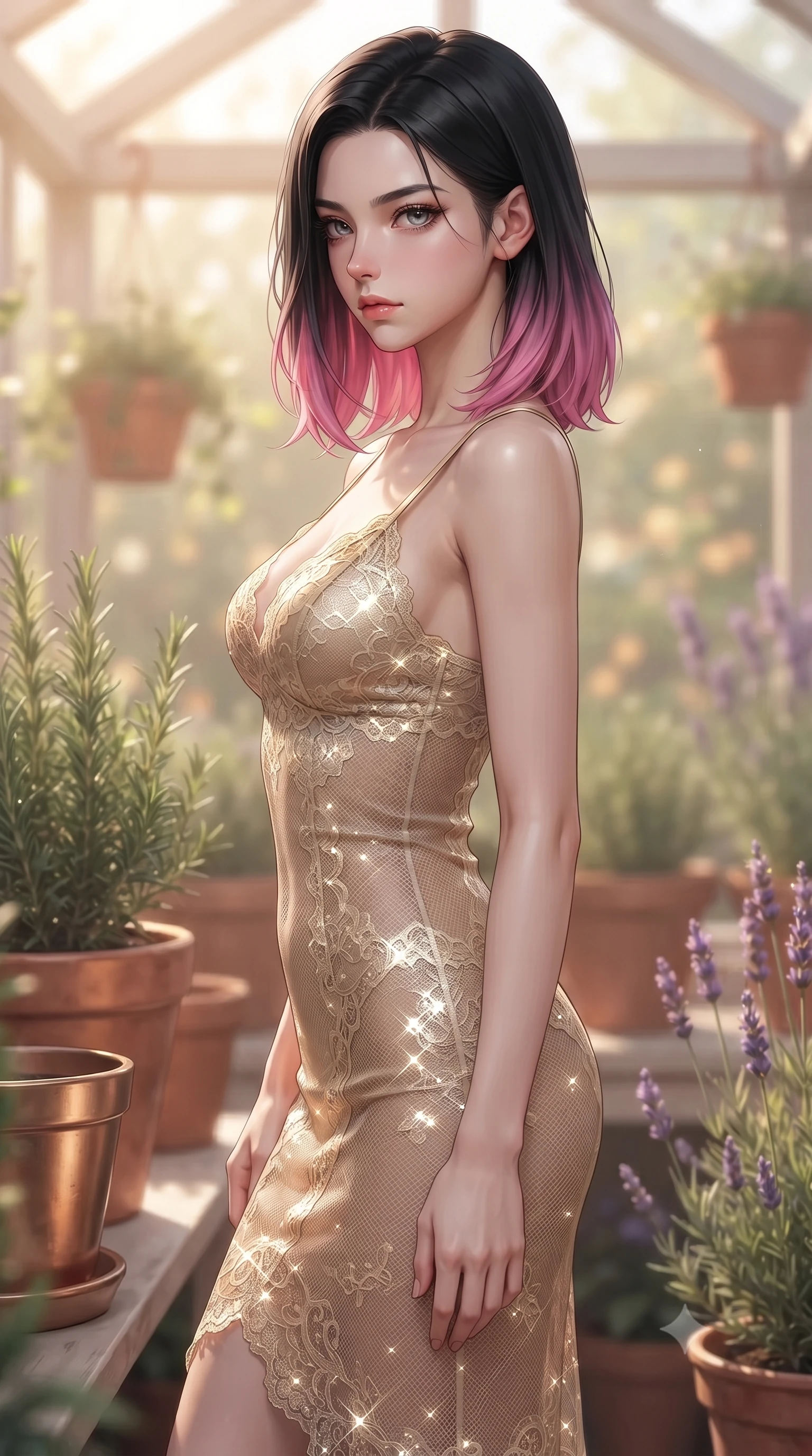 score_9, masterpiece, best quality, ultra-detailed, high-budget anime keyframe, editorial fashion photography, tasteful artistic composition, Korean woman woman. close-up cowboy shot from the waist and thighs up, the character dominates the composition, filling the frame with her large presence, background elements kept in soft focus. turning her face in sharp profile, casting a cold, mysterious, yet intensely alluring side gaze, the background shows a soft-focus a cozy garden greenhouse, surrounded by terracotta pots, rosemary, and lavender. She has an exceptionally elegant, slender, and willowy female figure with an ultra-slim waist, a gracefully sculpted slender torso, and a refined silhouette. sharp v-shaped jawline, high-bridge nose, intricate jewel-like eyes with depth, thick eyelashes, glossy lips with a natural sheen. wearing a form-contouring delicate lace-accented slip dress in champagne gold, featuring a semi-transparent mesh underlay. warm, diffused daylight creating a quiet and productive mood. ultra-reflective glossy finish, specular highlights, metallic sheen, high-contrast stereoscopic depth, volumetric dynamic lighting, 2k, ultra detail, master piece, 9:16 ratio