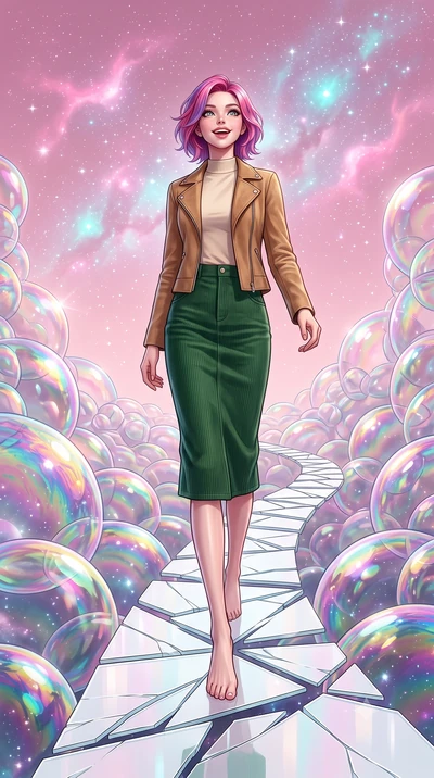 score_9, masterpiece, best quality, ultra-detailed, high-budget anime keyframe, editorial fashion photography, tasteful artistic composition, Caucasian woman, strictly human ears. low angle full-body shot from head to toe showing her feet, filling th