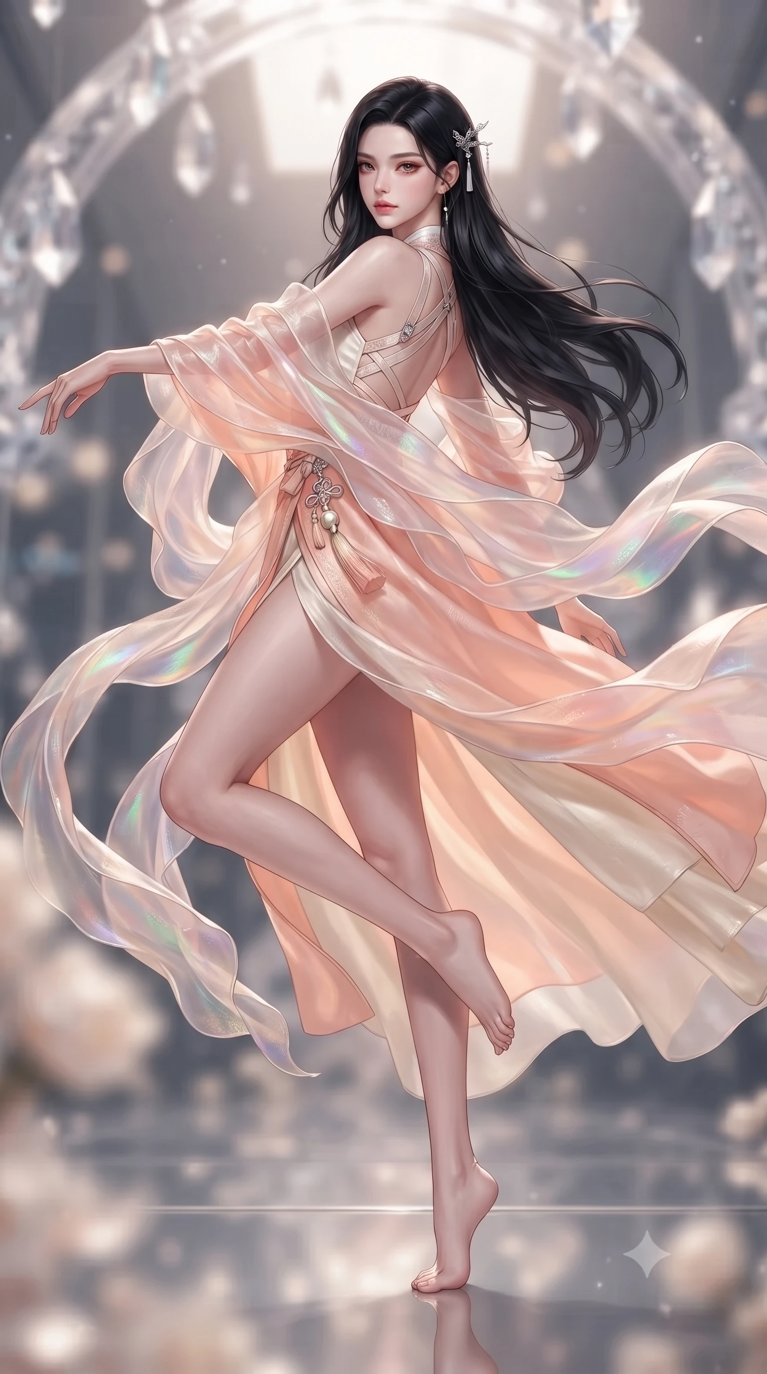score_9, masterpiece, best quality, ultra-detailed, high-budget anime keyframe, editorial fashion photography, tasteful artistic composition, Korean woman. low angle full-body shot from head to toe showing her feet, filling the entire 9:16 vertical frame with her statuesque presence, stretching her vertical silhouette. landing lightly on the balls of her feet in a balanced kinetic stance, eyes locked onto the camera with fearless allure while executing a slow zero-gravity spiral turn as iridescent organza drapes swirl around her statuesque silhouette. The composition keeps background elements in soft focus with creamy bokeh. infinite celestial mirror walls and floating crystal arches softened in dreamy shallow focus. She has an absolutely perfect, statuesque 8.5-heads proportion, an exceptionally tall and slender model-like female figure with impossibly long slender legs, a toned flat midriff, and an ultra-slim waist. sharp v-shaped jawline, high-bridge nose, intricate jewel-like eyes with depth, thick eyelashes, glossy lips with a natural sheen, captivating and magnetic expression, flawlessly proportioned anatomical accuracy, strict slender model proportions, natural body alignment, perfectly sculpted long slender limbs, ultra-slim waistline, clean dynamic posture without body distortion. wearing a zero-gravity celestial dancer gown with cascading iridescent ribbons and bare back harness in soft peach blossom pink and warm ivory, tailored from traditional lustrous satin with delicate hand-stitched borders, accented with a glowing metallic norigae knot charm and silver hairpin, the breezy yet form-flattering drape swaying gracefully with her steps, accentuating her long willowy limbs and slim waistline. illuminated by crisp specular highlights tracing her ultra-slim waist, toned midriff, and long slender limbs. ultra-reflective glossy finish, specular highlights, rich textural contrasts, high-contrast stereoscopic depth, volumetric dynamic lighting, 2k, ultra detail, master piece, 9:16 ratio