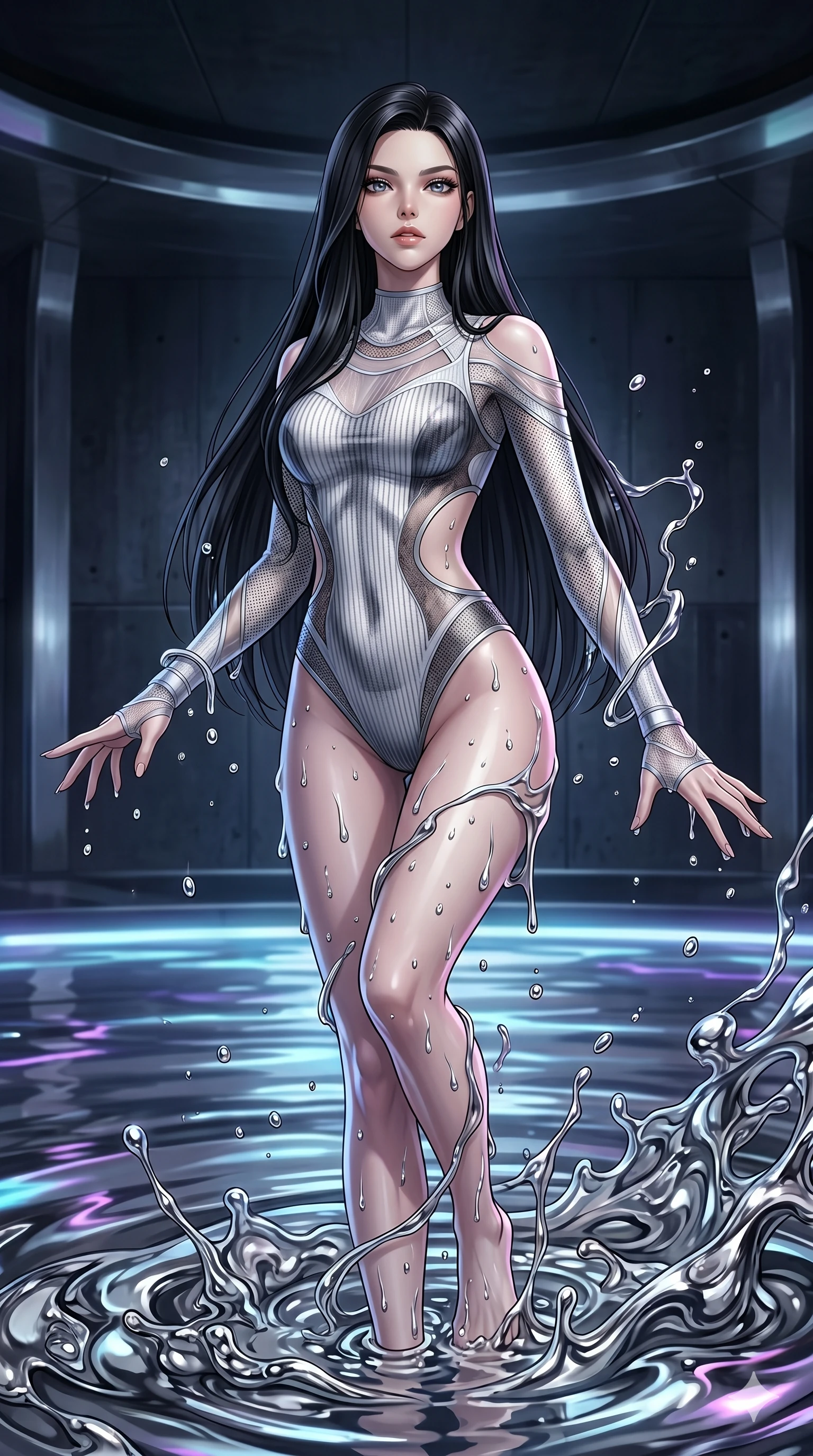 score_9, masterpiece, best quality, ultra-detailed, High-budget Anime Keyframe, East Asian woman. Dynamic full-body shot stretching the vertical silhouette to the limit. Scenario 194: Rising from a pool of mercury-like liquid, droplets rolling off her skin. Her presence is magnetic and overpowering in this high-budget anime scene. Outfit 194: A ribbed bodycon knit micro-mesh with a strategic side cut-outs and translucent layers. The clothing is designed to emphasize her exceptionally tall and slender 8-heads proportion. 8-heads proportion, towering silhouette, ultra-slim waist. sharp v-shaped jawline, intricate jewel-like eyes with depth, thick eyelashes, glossy lips. 2k, ultra detail, master piece, 9:16 ratio