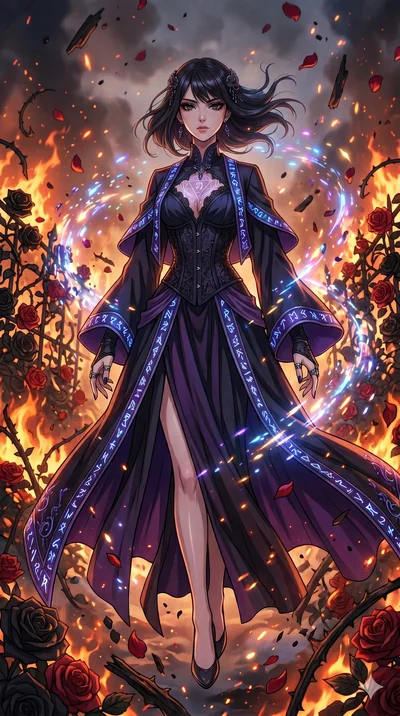 score_9, masterpiece, best quality, ultra-detailed, Set A: High-budget Anime Keyframe, Japanese woman. Low angle cowboy shot filling the entire 9:16 frame with her statuesque presence. Floating through a burning rose garden, as gravity fails and ever