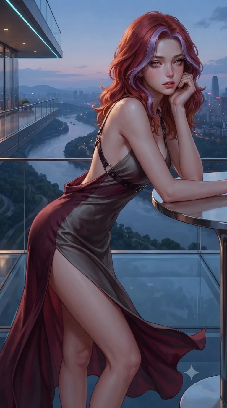 score_9, masterpiece, best quality, ultra-detailed, high-budget anime keyframe, editorial fashion photography, tasteful artistic composition, Caucasian woman. close-up cowboy shot from the waist and thighs up, the character dominates the composition, filling the frame with her large presence. resting one elbow on the table and supporting her chin, leaning close to the camera with heavy-lidded sparkling eyes and parted lips while standing poised at the outer edge of the cantilevered deck, arching her lower back with sovereign supermodel grace as river breezes whip her silk dress open. The surrounding environment is rendered in vivid detail and crisp panoramic clarity: detailed liquid-silk jersey evening dress tailoring, open-back leather harness straps, and monumental terrace engineering in razor-sharp precision. She has an exceptionally elegant, slender, and willowy female figure with an ultra-slim waist, flat toned midriff, narrow ribcage, and sculpted feminine hips creating an alluring, slim hourglass silhouette without bulk. sharp v-shaped jawline, high-bridge nose, intricate jewel-like sparkling eyes with depth, thick eyelashes, glossy parted lips with a natural sheen, intensely captivating and seductive bedroom-eyes expression, exuding both youthful cute charm and sovereign luxury allure, flawlessly proportioned anatomical accuracy, strict slender model proportions, natural body alignment, perfectly sculpted long slender limbs, ultra-slim waistline, clean dynamic posture without body distortion. wearing a form-contouring gossamer silk chiffon slip dress with a hip-high slit and open cowl back clinging with dewy moisture in deep wine burgundy and brushed dark platinum, made of fluid liquid jersey with seamless sculpting hold and smooth contours, accented with a chrome-drop body harness subtly framing her dewy collarbones and spine, the form-contouring cut accentuating her sculpted flat midriff, narrow delicate ribcage, and gracefully curvy hips with intoxicating allure. illuminated by glass floor bounce and sharp gold-cyan rim lights defining her razor-sharp jawline, narrow waist, and curvy hips. ultra-reflective glossy finish, specular highlights, rich textural contrasts, high-contrast stereoscopic depth, volumetric dynamic lighting, 2k, ultra detail, master piece, 9:16 ratio