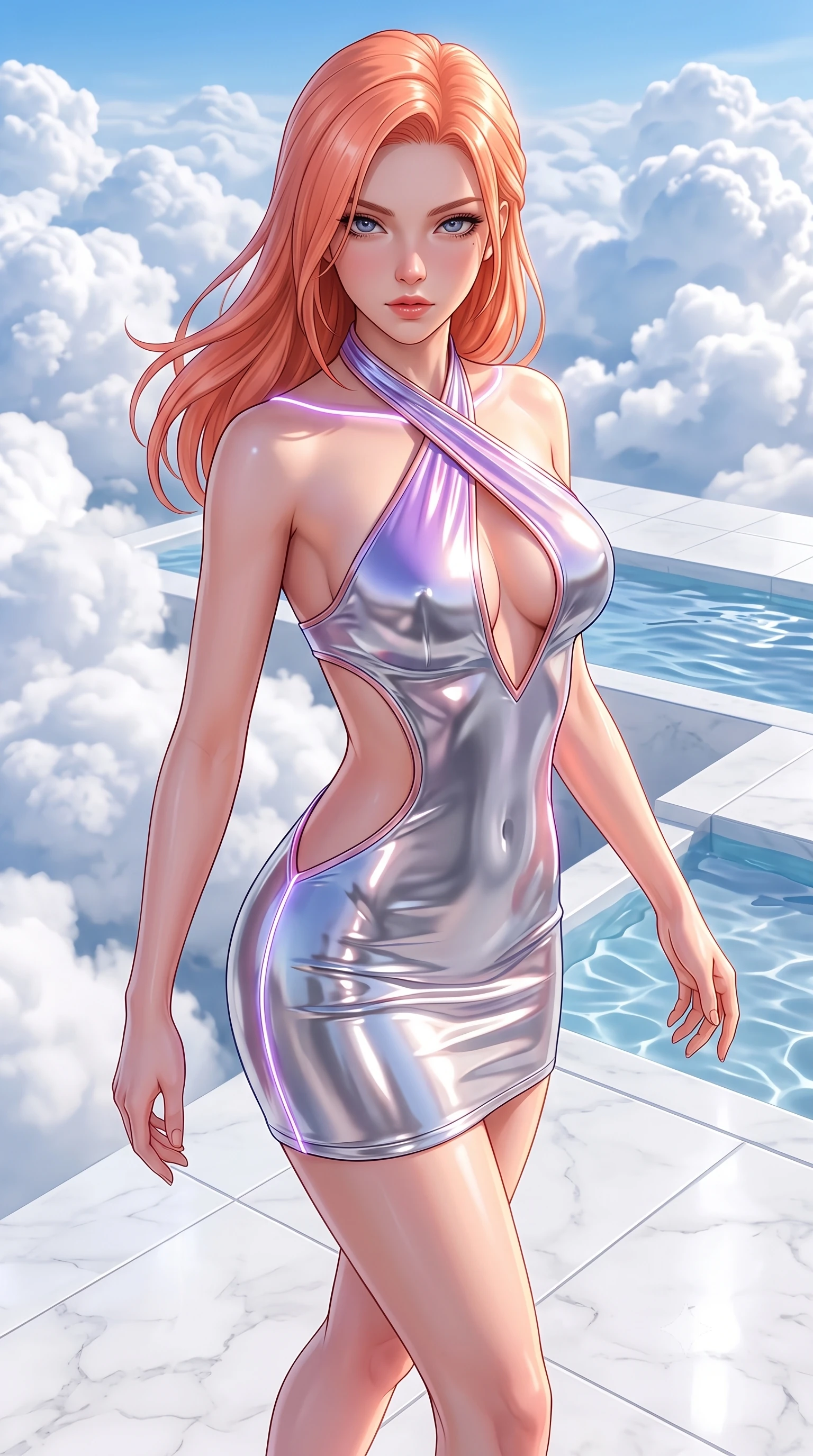 score_9, masterpiece, best quality, ultra-detailed, high-budget anime keyframe, semi-realistic 3D game render, editorial fashion photography, tasteful artistic composition, Japanese woman. close-up cowboy shot from the waist and thighs up, the character dominates the composition, filling the frame with her large presence. gazing directly into the lens with bedroom eyes and a breathtaking, dangerous allure that commands the entire composition while pivoting dynamically on a polished quartz terrace suspended above rolling white cumulus cloud banks. The surrounding environment is rendered in vivid detail and crisp panoramic clarity. crisp architectural white quartz tiles, infinity pool water ripples, and billowing cloud bank textures in deep focus. She has an exceptionally elegant, slender, and willowy female figure with an ultra-slim waist, a gracefully sculpted slender torso, toned flat midriff, and a refined slim silhouette. sharp v-shaped jawline, high-bridge nose, intricate jewel-like eyes with depth, thick eyelashes, glossy lips with a natural sheen, flawlessly proportioned anatomical accuracy, strict slender model proportions, natural body alignment, perfectly sculpted long slender limbs, ultra-slim waistline, clean dynamic posture without body distortion. wearing a molten silver liquid-metal mini dress featuring deep side-waist cutouts and a daring crossover halter neckline in luminous lavender violet and rose gold, formed from high-gloss patent material with specular light reflections, accented with glowing fiber-optic seams tracing her collarbones and hip curves, the liquid-tight tailored fabric emphasizing every curve of her tall, slender model proportions and sculptured silhouette during dynamic movement. surrounded by an exhilarating, elevated, and radiantly sensual cloud-palace aura. highly saturated vibrant anime colors, detailed shading with soft gradients, rich glossy textures, high-contrast stereoscopic depth, volumetric dynamic lighting, master piece, 9:16 ratio