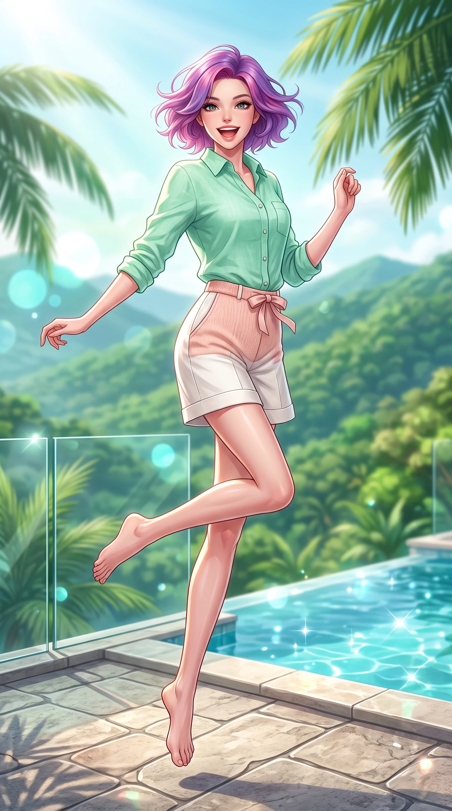 score_9, masterpiece, best quality, ultra-detailed, high-budget anime keyframe, editorial fashion photography, tasteful artistic composition, Caucasian woman. low angle full-body shot from head to toe showing her feet, filling the entire 9:16 vertical frame with her statuesque presence, stretching her vertical silhouette. leaping with pure youthful energy through the scene with a radiant bright smile, her long slender legs balanced gracefully while pivoting dynamically on an open-air resort terrace with a breathtaking view of lush green hills. The composition keeps background elements in soft focus with dreamy bokeh. sparkling pool water and palm fronds blurred into crisp, dreamy turquoise background bokeh. She has an absolutely perfect, statuesque 8.5-heads proportion, an exceptionally tall and slender model-like female figure with impossibly long slender legs and an ultra-slim waist. sharp v-shaped jawline, high-bridge nose, intricate jewel-like eyes with depth, thick eyelashes, glossy lips with a natural sheen, flawlessly proportioned anatomical accuracy, natural body alignment, perfectly sculpted elegant limbs, clean dynamic posture without body distortion. wearing a fresh mint green linen button-down shirt paired with tailored white Bermuda shorts in peach blossom pink and warm oatmeal, knitted from soft cozy cashmere yarn, accented with a dainty waist ribbon bow, the tailored casual silhouette highlighting her fresh and youthful presence. bathed in bright tropical sunshine and glittering pool water refractions. highly saturated vibrant anime colors, detailed shading with soft gradients, rich glossy textures, high-contrast stereoscopic depth, volumetric dynamic lighting, master piece, 9:16 ratio