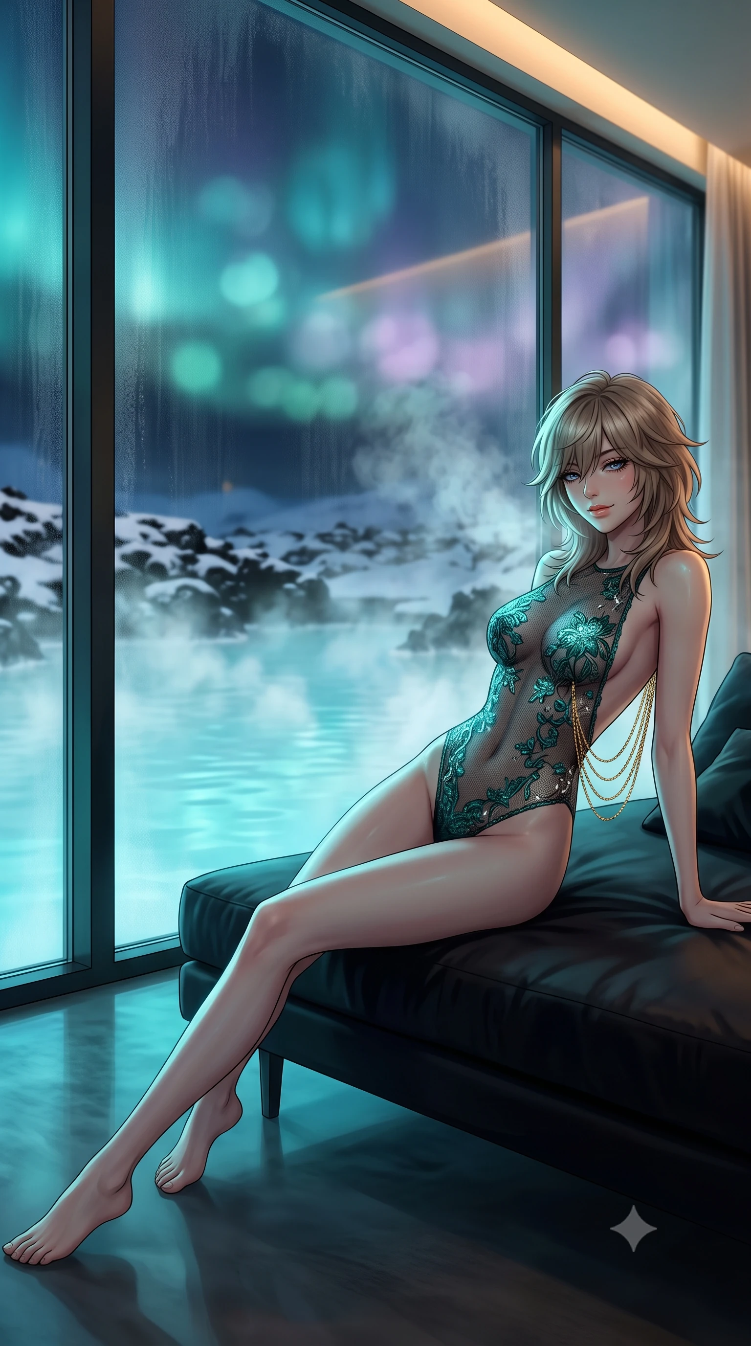 score_9, masterpiece, best quality, ultra-detailed, high-budget anime keyframe, editorial fashion photography, tasteful artistic composition, Japanese woman. low angle full-body shot from head to toe showing her feet, filling the entire 9:16 vertical frame with her statuesque presence, stretching her vertical silhouette. reclining gracefully across the plush chaise lounge with one leg extended, her sculpted silhouette and flat midriff radiating magnetic nocturnal glamour while leaning against the floor-to-ceiling panoramic glass wall with hips cocked back, looking through rising thermal vapor with heavy-lidded bedroom-eyes. The background shows a soft-focus steaming milky-cyan geothermal lagoon waters, snow-dusted black lava fields, and midnight twilight skies blurred into turquoise, obsidian, and pastel lilac bokeh. She has an exceptionally tall and slender model-like 8.5-heads proportion, an ultra-slim waist, a flat toned midriff, narrow delicate ribcage, and beautifully sculpted feminine hips creating a graceful, slim hourglass silhouette without any bulky heaviness, with impossibly long slender legs. sharp v-shaped jawline, high-bridge nose, intricate jewel-like sparkling eyes with depth, thick eyelashes, glossy parted lips with a natural peach sheen, bright cheerful beaming smile with an enchanting and coquettish sensual glint, exuding both youthful cute charm and seductive allure, flawlessly proportioned anatomical accuracy, strict slender model proportions, natural body alignment, perfectly sculpted long slender limbs, ultra-slim waistline, clean dynamic posture without body distortion. wearing an alluring backless sheer lace leotard with high-cut leg openings and delicate floral embroidery framing her spine in Arctic aurora borealis emerald and starlight diamond, woven from fine semi-opaque stretch illusion mesh tracing her slender contours, accented with an open-back drape framed by falling strands of delicate gold chains, the high-slit wrap tailoring accentuating her ultra-slim waistline and the enchanting curve of her feminine hips with alluring seductive charm. bathed in underwater pool turquoise-cyan LEDs combined with soft warm 2700K interior cove lighting through glass. ultra-reflective glossy finish, specular highlights, rich textural contrasts, high-contrast stereoscopic depth, volumetric dynamic lighting, 2k, ultra detail, master piece, 9:16 ratio