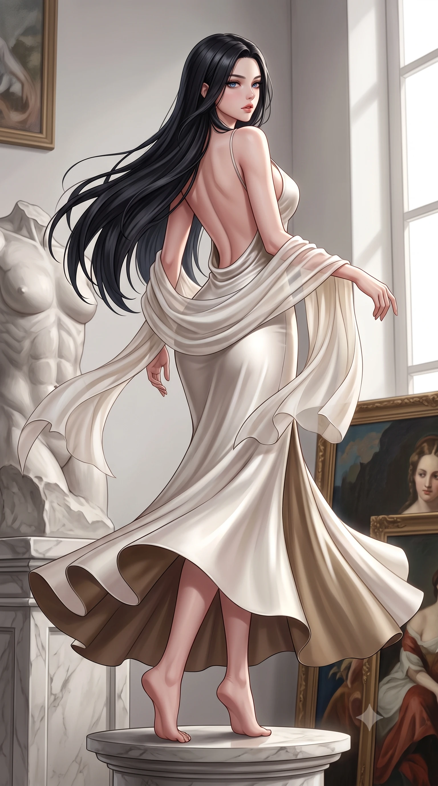 score_9, masterpiece, best quality, ultra-detailed, high-budget anime keyframe, semi-realistic 3D game render, editorial fashion photography, tasteful artistic composition, Korean woman. low angle full-body shot from head to toe showing her feet, filling the entire 9:16 vertical frame with her statuesque presence, stretching her vertical silhouette. executing an elegant mid-motion pivot turn as garments swirl around her slender limbs, glancing over her shoulder with an intoxicating bedroom-gaze while perching on a classical marble pedestal with back arched like a Renaissance sculpture, hips tilted in a dramatic contrapposto pose. The surrounding environment is rendered in vivid detail and crisp panoramic clarity. detailed anatomical sculpture contours, oil painting canvases, and natural north window light gradients in high resolution. She has an absolutely perfect, statuesque 8.5-heads proportion, an exceptionally tall and slender model-like female figure with impossibly long slender legs, a toned flat midriff, an ultra-slim waist, and beautifully sculpted feminine hips. sharp v-shaped jawline, high-bridge nose, intricate jewel-like eyes with depth, thick eyelashes, glossy parted lips with a natural sheen, intensely captivating and seductive bedroom-eyes expression, flawlessly proportioned anatomical accuracy, strict slender model proportions, natural body alignment, perfectly sculpted long slender limbs, ultra-slim waistline, clean dynamic posture without body distortion. wearing a backless cowl-neck alabaster silk slip gown descending to the small of her back in a deep curve in alabaster ivory and antique bronze, tailored from ultra-smooth duchess satin with a pearlescent sheen, complemented by a breezy silk chiffon shawl draped loosely over her elbows, the liquid-tight tailored fabric clinging flawlessly to her narrow waist and rounded feminine hips, emphasizing every millimeter of her sculpted hourglass curves during movement. illuminated by crisp sculptural key lighting carving her narrow waist, curved hips, and statuesque limbs. highly saturated vibrant anime colors, detailed shading with soft gradients, rich glossy textures, high-contrast stereoscopic depth, volumetric dynamic lighting, master piece, 9:16 ratio