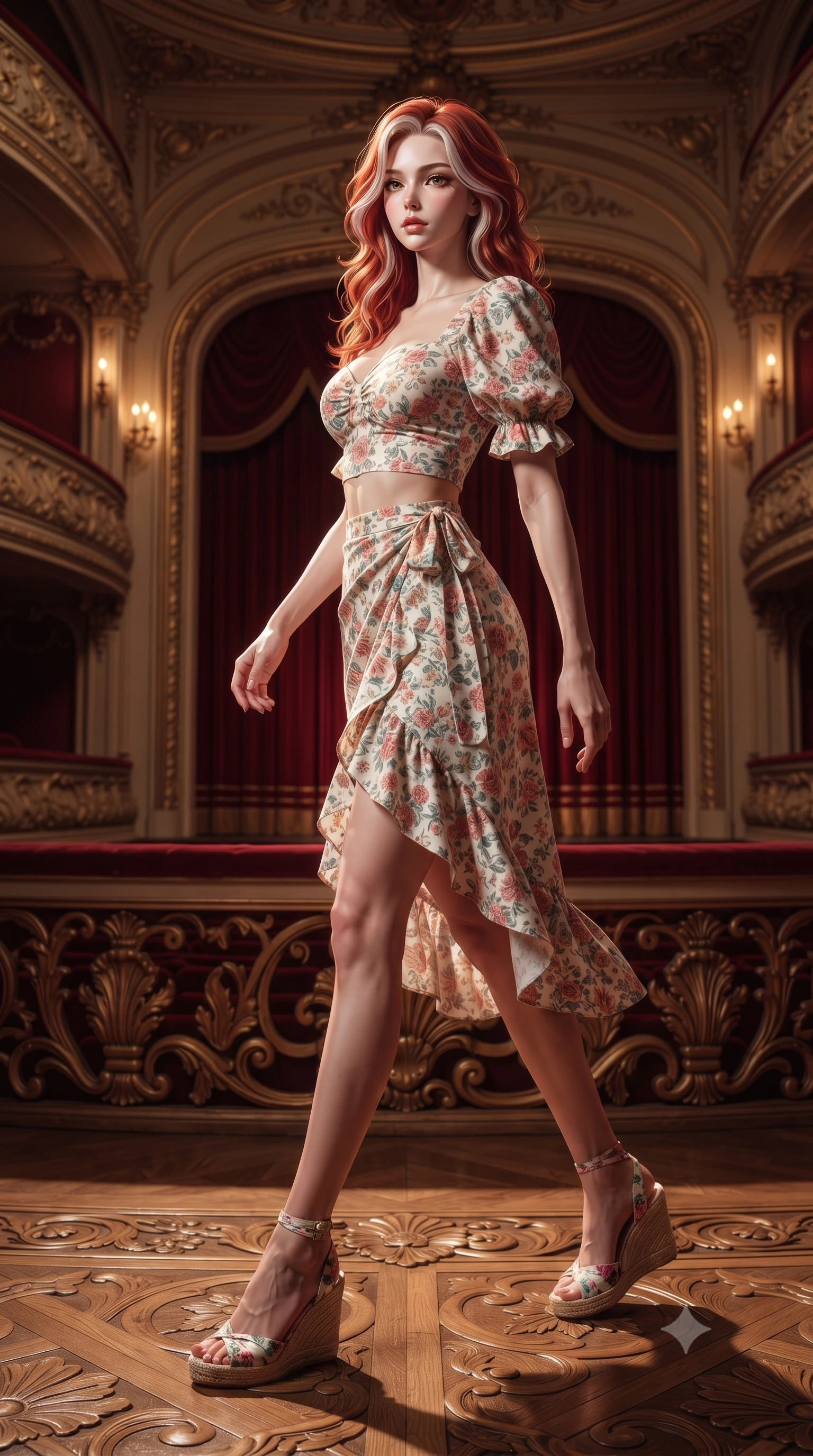 score_9, masterpiece, best quality, ultra-detailed, high-budget anime keyframe, editorial fashion photography, tasteful artistic composition, Caucasian woman. low angle full-body shot from head to toe showing her feet, filling the entire 9:16 vertical frame with her statuesque presence, stretching her vertical silhouette. stepping gracefully while looking back over her shoulder, her dress draped tightly to reveal her silhouette the background shows a soft-focus a vintage theater balcony with gold trim, looking down at a grand curtain. She has an absolutely perfect, statuesque 8.5-heads proportion, an exceptionally tall and slender model-like female figure with impossibly long slender legs and an ultra-slim waist. sharp v-shaped jawline, high-bridge nose, intricate jewel-like eyes with depth, thick eyelashes, glossy lips with a natural sheen. wearing a body-hugging summer vacation crop top and wrap skirt set in floral print cotton, showing her slim waist. warm candlelight casting dramatic shadows on the ornate wooden carvings. ultra-reflective glossy finish, specular highlights, metallic sheen, high-contrast stereoscopic depth, volumetric dynamic lighting, 2k, ultra detail, master piece, 9:16 ratio