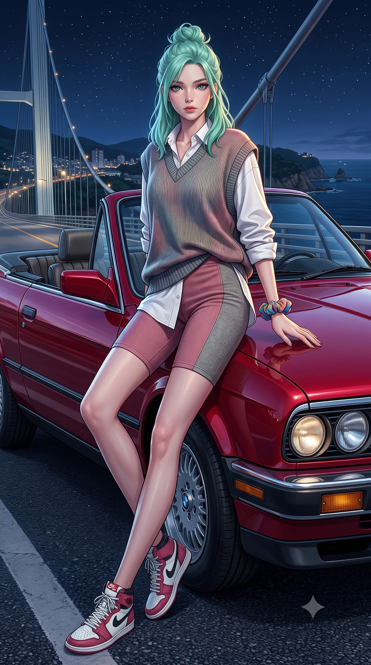 score_9, masterpiece, best quality, ultra-detailed, high-budget anime keyframe, semi-realistic 3D game render, editorial fashion photography, tasteful artistic composition, Japanese woman. low angle full-body shot from head to toe showing her feet, filling the entire 9:16 vertical frame with her statuesque presence, stretching her vertical silhouette. pivoting dynamically with supreme athletic balance and poise, her impossibly long slender legs creating a breathtaking line while leaning against the hood of a cherry-red vintage 1980s convertible parked on a coastal suspension bridge at midnight. The surrounding environment is rendered in vivid detail and crisp panoramic clarity. high-contrast midnight coastal chiaroscuro and classic 80s grand touring romance in precision. She has an absolutely perfect, statuesque 8.5-heads proportion, an exceptionally tall and slender model-like female figure with impossibly long slender legs, a toned flat midriff, and an ultra-slim waist. sharp v-shaped jawline, high-bridge nose, intricate jewel-like eyes with depth, thick eyelashes, glossy lips with a natural sheen, captivating and magnetic expression, flawlessly proportioned anatomical accuracy, strict slender model proportions, natural body alignment, perfectly sculpted long slender limbs, ultra-slim waistline, clean dynamic posture without body distortion. wearing an oversized 90s knit sweater vest worn over a crisp white boyfriend shirt and cycling shorts in dusty rose pink and vintage heather grey, tailored from soft fine-wale corduroy with rich velvety texture, accessorized with a colorful scrunchie on her wrist and classic retro high-top sneakers, the liquid-tight tailored fabric emphasizing every curve of her tall, slender model proportions and sculptured silhouette during dynamic movement. illuminated by crisp metallic reflections tracing her ultra-slim waistline, collarbones, and long legs. highly saturated vibrant anime colors, detailed shading with soft gradients, rich glossy textures, high-contrast stereoscopic depth, volumetric dynamic lighting, master piece, 9:16 ratio