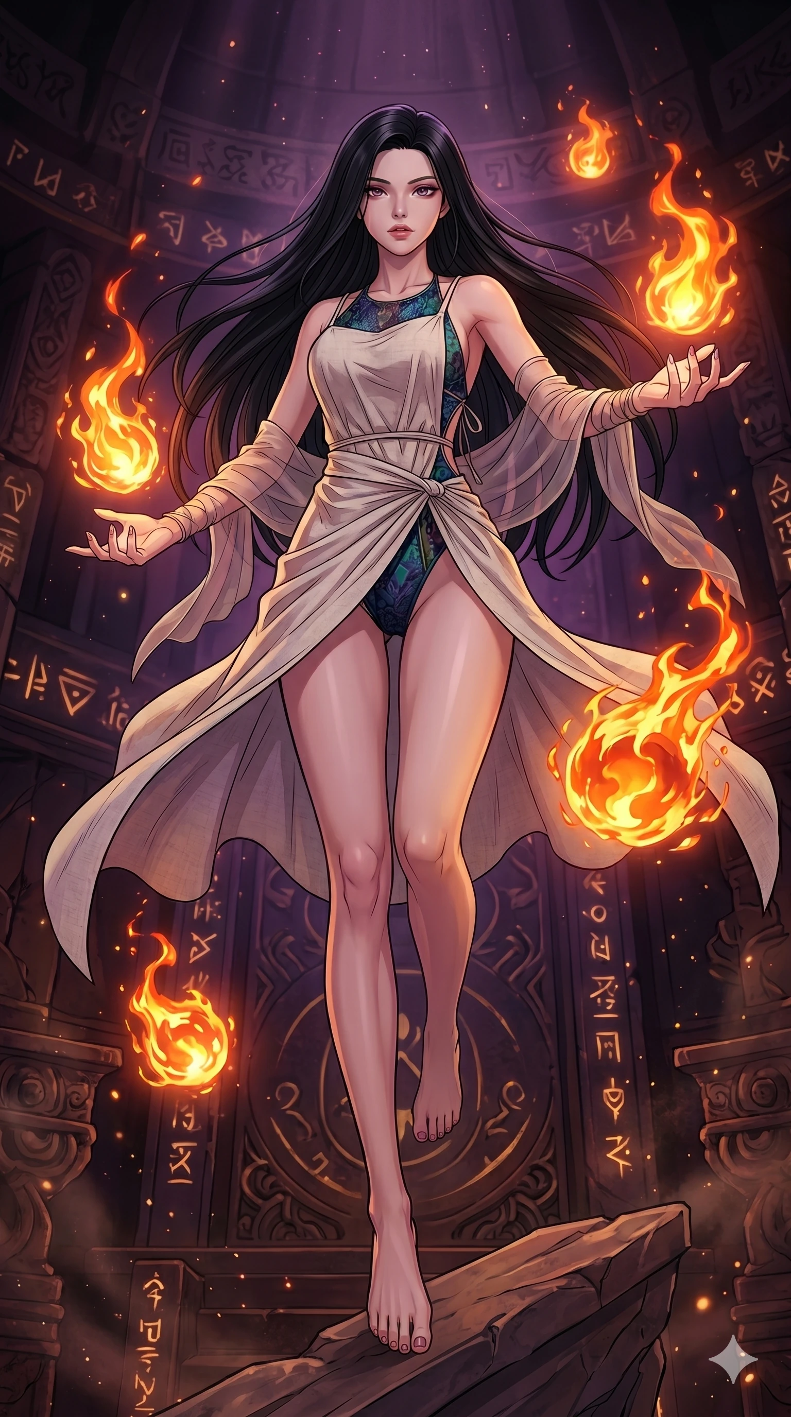 score_9, masterpiece, best quality, ultra-detailed, high-budget anime movie keyframe, cinematic anime lighting, intricate line art, Japanese woman. Extreme high angle shot as she leaps towards the camera, filling the frame. manipulating floating orbs of liquid fire in a dark ritual chamber. She has an absolutely perfect 8-heads proportion, an exceptionally tall and slender female figure with an ultra-slim waist and impossibly long slender legs. strictly human anatomy, two legs only, no extra limbs, clearly defined legs and arms, perfect anatomy, perfect hands and fingers. sharp v-shaped jawline, high-bridge nose, intricate jewel-like eyes, thick eyelashes, glossy lips. Wearing Seasonal/Resort: High-cut one-piece with sarong, linen sundress with tie-back, and sheer fabric wrap. The scene is illuminated by dramatic atmospheric lighting and vibrant color palettes. , 2k, ultra detail, master piece, 9:16 ratio