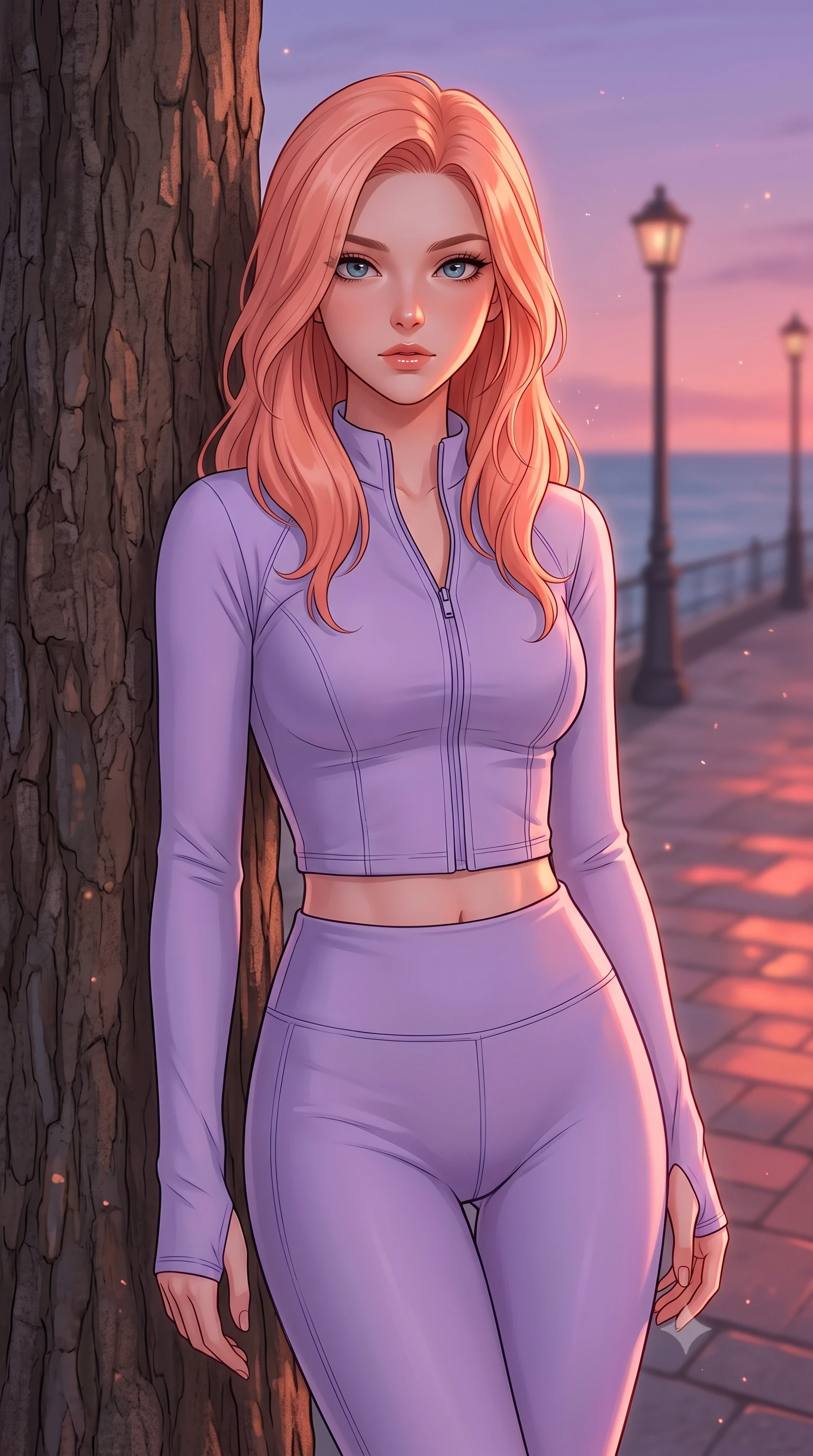score_9, masterpiece, best quality, ultra-detailed, high-budget anime keyframe, editorial fashion photography, tasteful artistic composition, Japanese woman woman. close-up cowboy shot from the waist and thighs up, the character dominates the composition, filling the frame with her large presence, background elements kept in soft focus. standing relaxed against a tree trunk, sharing a quiet, serene moment with the viewer the background shows a soft-focus a paved promenade with classic lamp posts overlooking a calm sea at sunset. She has an exceptionally elegant, slender, and willowy female figure with an ultra-slim waist, a gracefully sculpted slender torso, and a refined silhouette. sharp v-shaped jawline, high-bridge nose, intricate jewel-like eyes with depth, thick eyelashes, glossy lips with a natural sheen. wearing a body-hugging body-hugging activewear set of a tailored zip-up long-sleeve crop top and matching high-waisted leggings in soft lavender. the warm red and violet glow of twilight reflecting on the pavement. 2k, ultra detail, master piece, 9:16 ratio