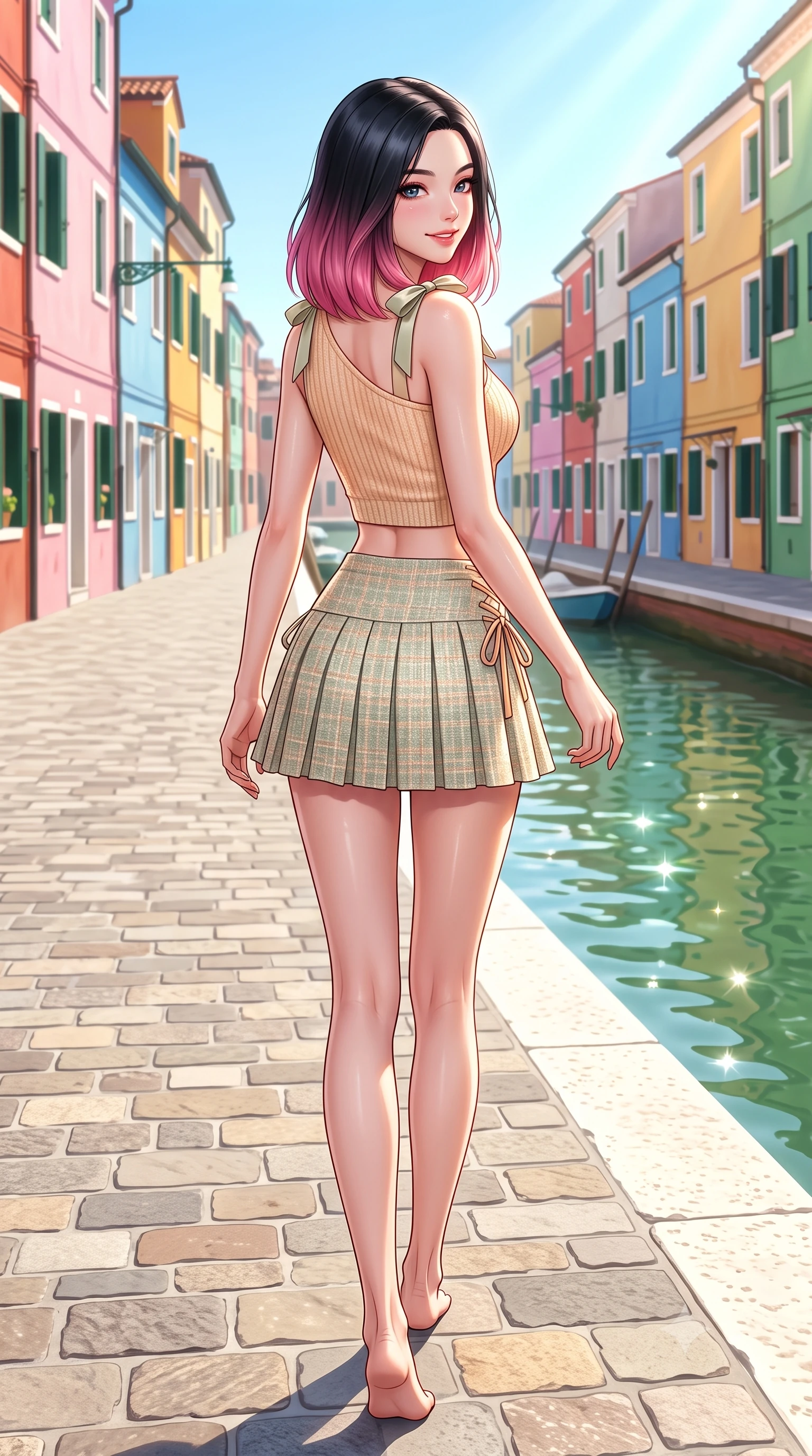 score_9, masterpiece, best quality, ultra-detailed, high-budget anime keyframe, semi-realistic 3D game render, editorial fashion photography, tasteful artistic composition, Korean woman. low angle full-body shot from head to toe showing her feet, filling the entire 9:16 vertical frame with her statuesque presence, stretching her vertical silhouette. posing with back turned slightly to the lens, glancing back with an enchanting, playful smile as she arches her lower back to emphasize her sculpted feminine hips and slender waist while walking down the cobblestone quay, her chic form-fitting outfit hugging her narrow waist and rounded hips as green canal water sparkles. The surrounding environment is rendered in vivid detail and crisp panoramic clarity. detailed knit top texture, bright sunlight glints on skin, and Burano canal architecture in high resolution. She has an exceptionally tall and slender model-like 8.5-heads proportion, an ultra-slim waist, a flat toned midriff, narrow delicate ribcage, and beautifully sculpted feminine hips creating a graceful, slim hourglass silhouette without any bulky heaviness, with impossibly long slender legs. sharp v-shaped jawline, high-bridge nose, intricate jewel-like sparkling eyes with depth, thick eyelashes, glossy parted lips with a natural peach sheen, bright cheerful beaming smile with an enchanting and coquettish sensual glint, exuding both youthful cute charm and seductive allure, flawlessly proportioned anatomical accuracy, strict slender model proportions, natural body alignment, perfectly sculpted long slender limbs, ultra-slim waistline, clean dynamic posture without body distortion. wearing an asymmetrical one-shoulder ribbed top paired with a micro-pleated skirt with side hip ties in soft apricot and sage green, tailored from soft pastel tweed with subtle metallic shimmer, finished with cute satin bow ribbons tying at the shoulders, the high-waisted tailoring accentuating her ultra-slim waistline and the enchanting curve of her feminine hips with alluring charm. bathed in brilliant midday Mediterranean sunlight reflecting off vibrant colorful walls. highly saturated vibrant anime colors, detailed shading with soft gradients, rich glossy textures, high-contrast stereoscopic depth, volumetric dynamic lighting, master piece, 9:16 ratio