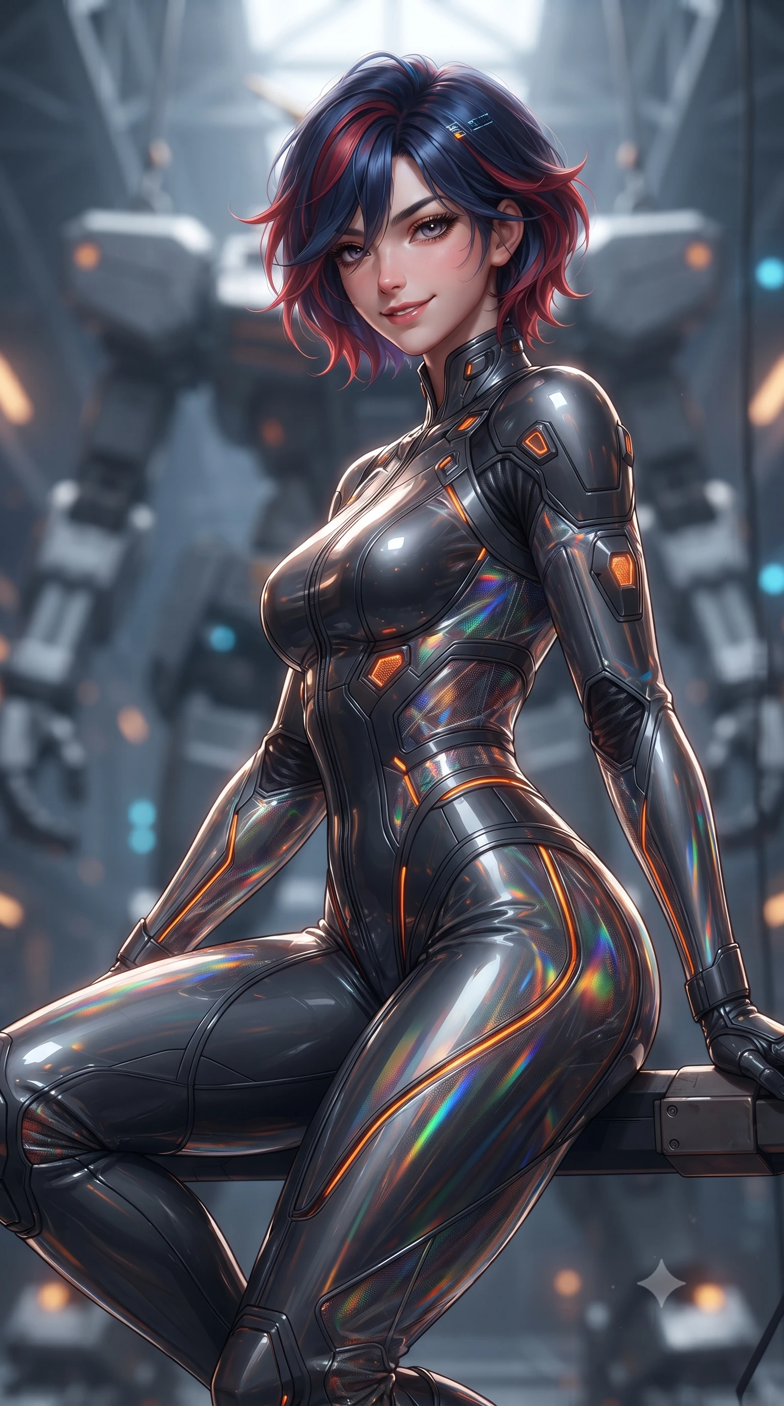 score_9, masterpiece, best quality, ultra-detailed, high-budget anime keyframe, editorial fashion photography, tasteful artistic composition, Korean woman. close-up cowboy shot from the waist and thighs up, the character dominates the composition, filling the frame with her large presence. turning slowly with a smoldering smile, her sleek hair catching the cockpit HUD rim light as her hips angle gracefully in a captivating contrapposto while perching on the arm of a colossal suspended humanoid mech frame, arching her lower back with a playful, confident smile and bedroom-eyes. The background shows a soft-focus the colossal 50-meter steel mech skeleton and soaring hangar crane trusses blurred into industrial gunmetal, amber, and welding blue bokeh. She has an exceptionally elegant, slender, and willowy female figure with an ultra-slim waist, flat toned midriff, narrow ribcage, and sculpted feminine hips creating an alluring, slim hourglass silhouette without bulk. sharp v-shaped jawline, high-bridge nose, intricate jewel-like sparkling eyes with depth, thick eyelashes, glossy parted lips with a natural sheen, bright confident smile with an enchanting and coquettish sensual glint, exuding both youthful magnetic charm and sovereign high-tech allure, flawlessly proportioned anatomical accuracy, strict slender model proportions, natural body alignment, perfectly sculpted long slender limbs, ultra-slim waistline, clean dynamic posture without body distortion. wearing a translucent high-gloss polymer flight suit with internal luminescent wire filigree and tailored waist cinching in stealth charcoal slate and molten laser orange, woven from layered gossamer holographic organza casting chromatic prism reflections, accented with subtle hexagonal heat-sink vents glowing with dim orange thermal heat, the high-waisted tailoring accentuating her ultra-slim waistline and the enchanting curve of her feminine hips with alluring dark charm. illuminated by floor warning lights and sharp platinum rim lights carving her razor-sharp jawline, narrow waist, and curvy hips. ultra-reflective glossy finish, specular highlights, rich textural contrasts, high-contrast stereoscopic depth, volumetric dynamic lighting, 2k, ultra detail, master piece, 9:16 ratio