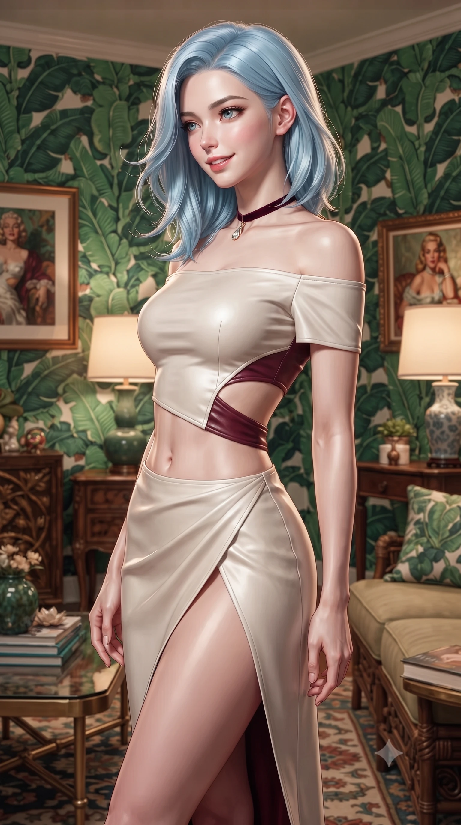 score_9, masterpiece, best quality, ultra-detailed, high-budget anime keyframe, editorial fashion photography, tasteful artistic composition, Korean woman. close-up cowboy shot from the waist and thighs up, the character dominates the composition, filling the frame with her large presence. turning slowly with an enchanting smoldering smile, her glossy hair tossing in the breeze as her hips angle gracefully in a captivating contrapposto while standing poised in the private bungalow living room before the iconic green Martinique banana-leaf wallpaper, arching her spine with effortless Old Hollywood siren poise. The surrounding environment is rendered in vivid detail and crisp panoramic clarity: detailed outfit silhouette, fabric cling, and vintage Beverly Hills interior craft in high resolution. She has an exceptionally elegant, slender, and willowy female figure with an ultra-slim waist, flat toned midriff, narrow ribcage, and sculpted feminine hips creating an alluring, slim hourglass silhouette without bulk. sharp v-shaped jawline, high-bridge nose, intricate jewel-like sparkling eyes with depth, thick eyelashes, glossy parted lips with a natural peach sheen, bright cheerful beaming smile with an enchanting and coquettish sensual glint, exuding both youthful cute charm and seductive allure, flawlessly proportioned anatomical accuracy, strict slender model proportions, natural body alignment, perfectly sculpted long slender limbs, ultra-slim waistline, clean dynamic posture without body distortion. wearing a provocative off-the-shoulder crop top with asymmetrical side-torso cutouts and a high-slit wrap skirt in Belvedere ivory pearl and Habsburg bordeaux wine, woven from buttery-soft stretch lambskin leather adhering to her body like a second skin, finished with a thin velvet ribbon choker and a single teardrop diamond pendant, the bespoke structured tailoring following the natural line of her 8.5-heads silhouette with refined elegance. illuminated by mirror reflection fill and sharp champagne-rose rim lights defining her dewy collarbones, ultra-slim waist, and curvy hips. ultra-reflective glossy finish, specular highlights, rich textural contrasts, high-contrast stereoscopic depth, volumetric dynamic lighting, 2k, ultra detail, master piece, 9:16 ratio
