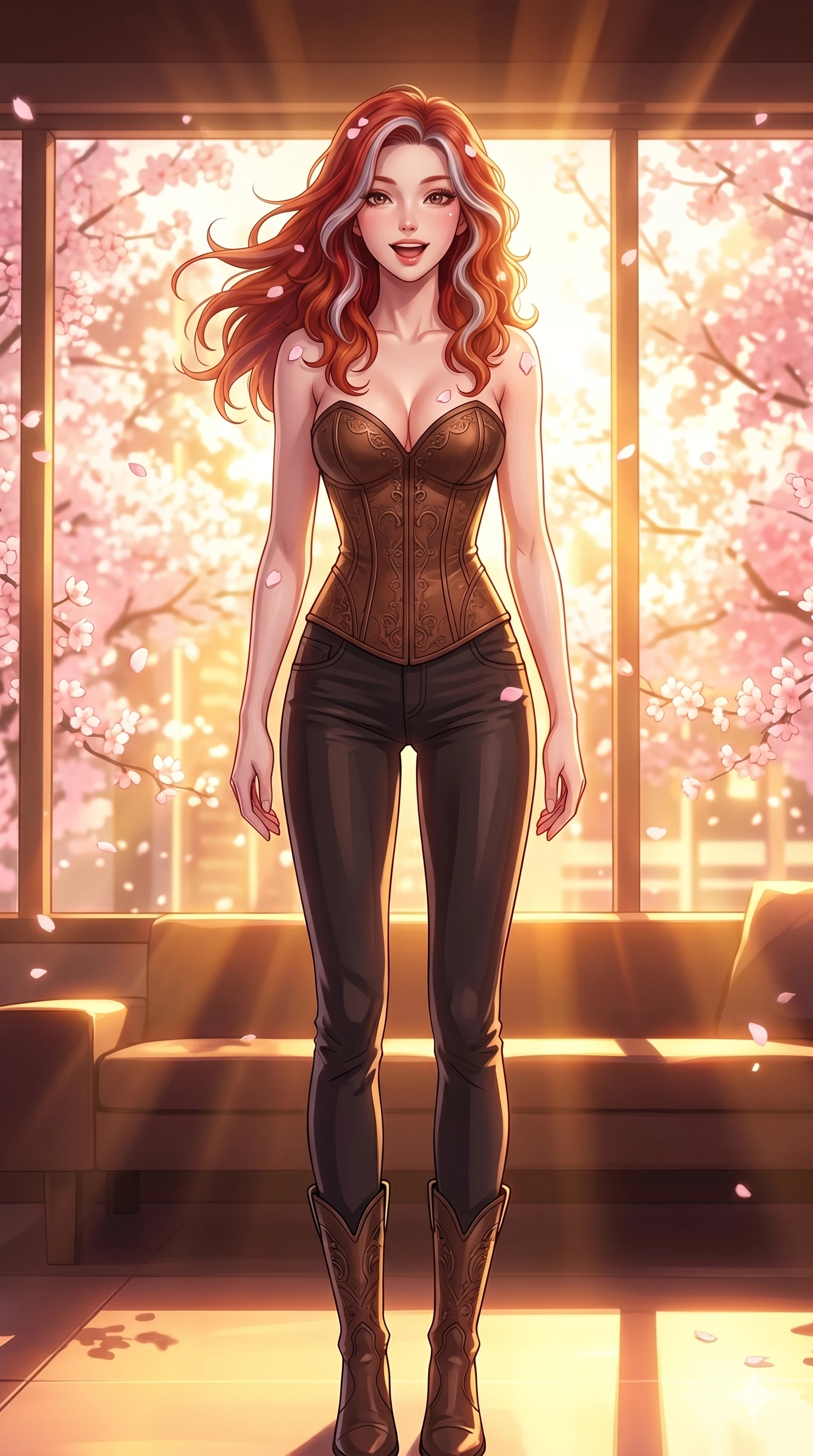 score_9, masterpiece, best quality, ultra-detailed, high-budget anime keyframe, vibrant anime aesthetic, Caucasian woman, strictly human ears. cowboy shot from the thighs up, character and outfit filling the frame for maximum presence. She is standing tall with a lively smile, her hair blowing gently in the spring breeze inside a premium lounge with golden sunbeams (Code-P20-183). She has an absolutely perfect 8-heads proportion, an exceptionally tall and slender female figure with impossibly long slender legs and an ultra-slim waist. V-shaped jawline, high-bridge nose, intricate jewel-like eyes with depth, thick eyelashes, glossy lips with a natural sheen. wearing a leather corset with sweetheart neckline revealing her cleavage. She is illuminated by the bright, warm glow of the sun reflecting off the cherry blossom petals. 2k, ultra detail, master piece, 9:16 ratio