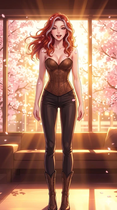 score_9, masterpiece, best quality, ultra-detailed, high-budget anime keyframe, vibrant anime aesthetic, Caucasian woman, strictly human ears. cowboy shot from the thighs up, character and outfit filling the frame for maximum presence. She is standin