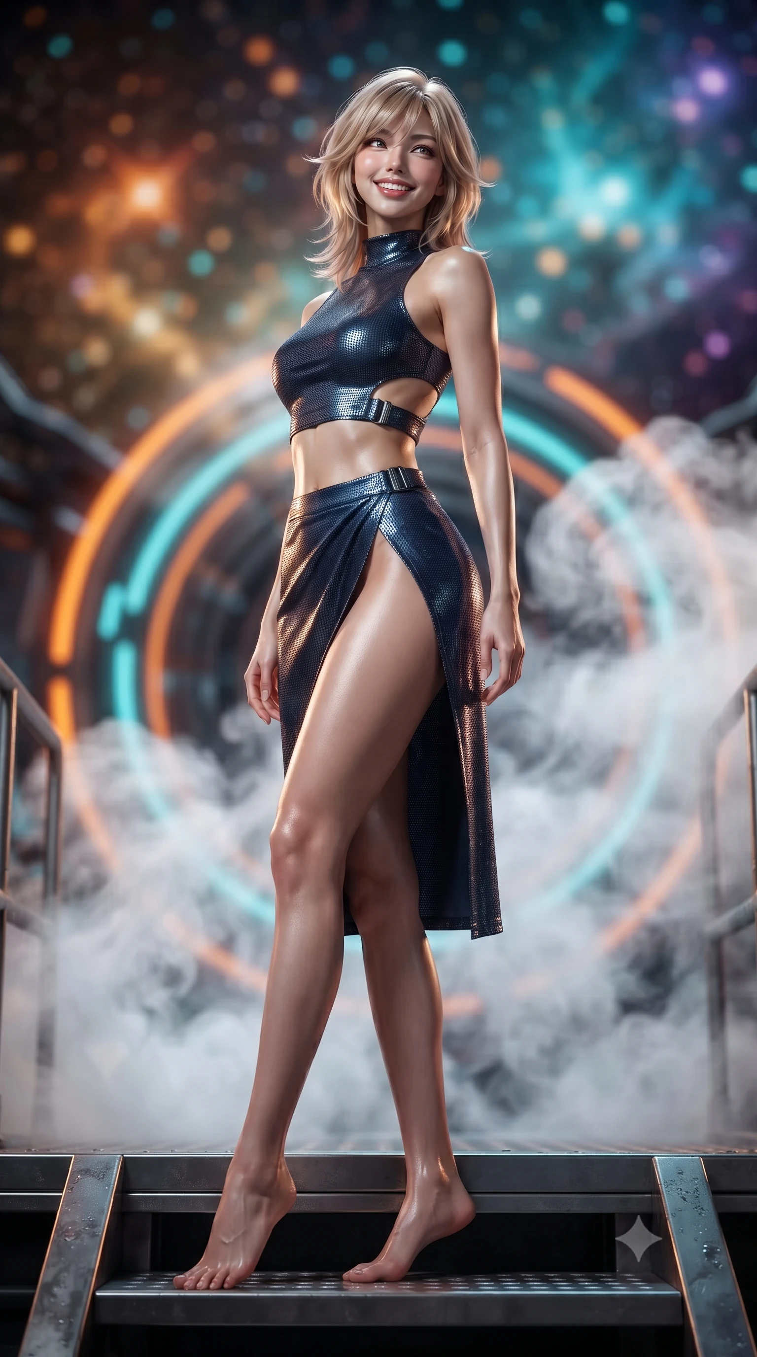 score_9, masterpiece, best quality, ultra-detailed, high-budget anime keyframe, editorial fashion photography, tasteful artistic composition, Japanese woman. low angle full-body shot from head to toe showing her feet, filling the entire 9:16 vertical frame with her statuesque presence, stretching her vertical silhouette. posing in a classic haute-couture S-curve stance beside the floor-to-ceiling window, looking over a bare shoulder with magnetic presence while sitting poised on the elevated titanium gantry step with one knee bent, arching her back with confident combat poise and parted glossy lips. The background shows a soft-focus pulsing orange and cyan magnetic acceleration rings, billows of swirling white coolant steam, and distant star nebula blurred into amber, turquoise, and violet bokeh. She has an exceptionally tall and slender model-like 8.5-heads proportion, an ultra-slim waist, a flat toned midriff, narrow delicate ribcage, and beautifully sculpted feminine hips creating a graceful, slim hourglass silhouette without any bulky heaviness, with impossibly long slender legs. sharp v-shaped jawline, high-bridge nose, intricate jewel-like sparkling eyes with depth, thick eyelashes, glossy parted lips with a natural peach sheen, bright cheerful beaming smile with an enchanting and coquettish sensual glint, exuding both youthful cute charm and seductive allure, flawlessly proportioned anatomical accuracy, strict slender model proportions, natural body alignment, perfectly sculpted long slender limbs, ultra-slim waistline, clean dynamic posture without body distortion. wearing an alluring tactical crop top with asymmetrical side-rib cutouts and high-neck collar paired with a high-slit wrap skirt in midnight carbon navy and polished chrome, crafted from stretch micro-mesh with liquid foil coating that shimmers with every movement, finished with sleek magnetic buckle closures fluttering in the breeze, the bespoke structured tailoring following the natural line of her 8.5-heads silhouette with refined elegance. illuminated by wet metal deck bounce and sharp amber-gold rim lights defining her dewy collarbones, ultra-slim waist, and curvy hips. ultra-reflective glossy finish, specular highlights, rich textural contrasts, high-contrast stereoscopic depth, volumetric dynamic lighting, 2k, ultra detail, master piece, 9:16 ratio