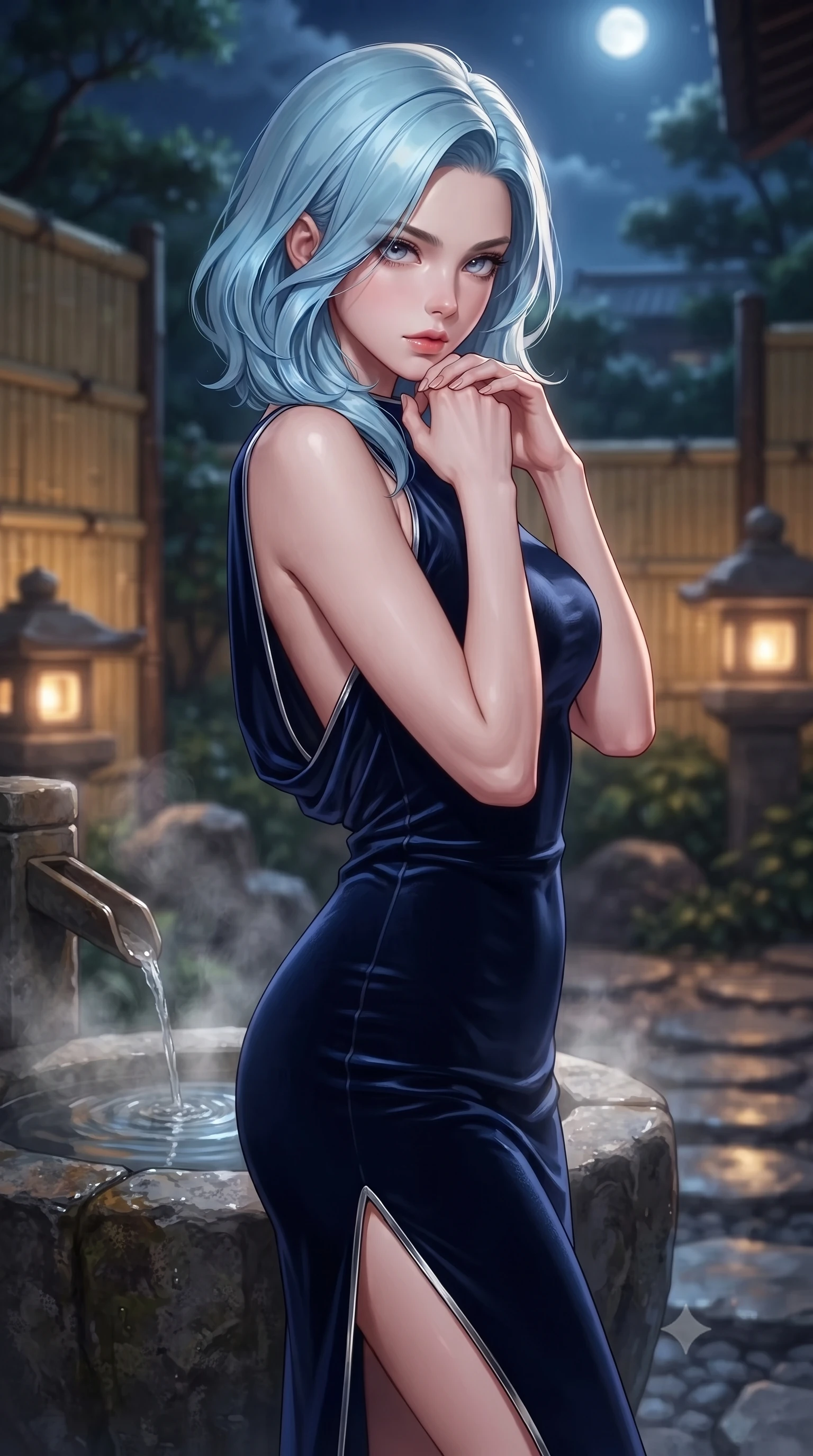 score_9, masterpiece, best quality, ultra-detailed, high-budget anime keyframe, editorial fashion photography, tasteful artistic composition, Korean woman. close-up cowboy shot from the waist and thighs up, the character dominates the composition, filling the frame with her large presence, background elements kept in soft focus. Resting her chin on the backs of her fingers, casting a sharp, mysterious gaze standing near a stone water spout with gentle steam rising in a moonlit Japanese garden, bamboo partitions and stone lanterns casting peaceful organic shadows. She has an exceptionally elegant, slender, and willowy female figure with an ultra-slim waist, a gracefully sculpted slender torso, and a refined silhouette. sharp v-shaped jawline, high-bridge nose, intricate jewel-like eyes with depth, thick eyelashes, glossy lips with a natural sheen. wearing a precision-fitted liquid jersey bodycon dress with a draped back in midnight navy blue and chrome trim, made of premium stretch velvet with a rich sheen, finished with a sleek side slit ascending to mid-thigh, the form-contouring material highlighting her ultra-slim waist and long lines. illuminated by serene silver moonlight and warm amber hearth reflections. highly saturated vibrant anime colors, detailed shading with soft gradients, rich glossy textures, high-contrast stereoscopic depth, volumetric dynamic lighting, master piece, 9:16 ratio