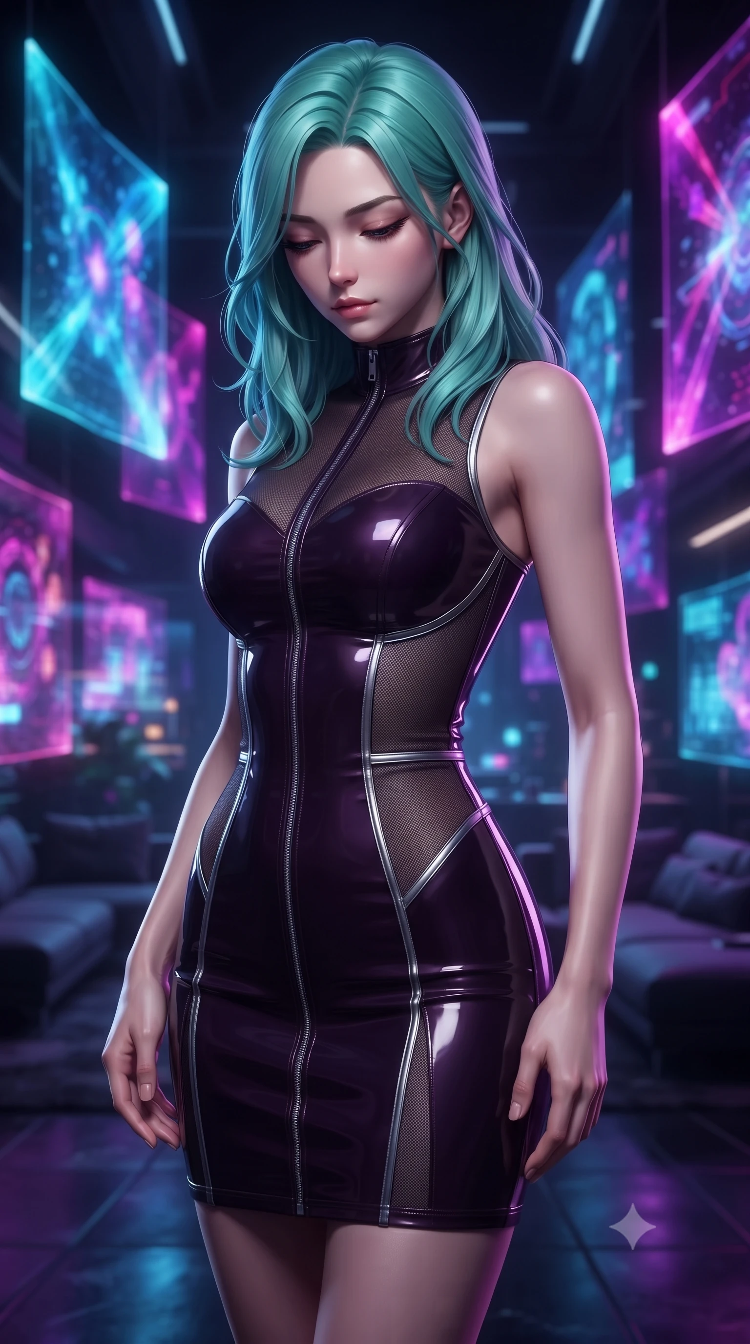 score_9, masterpiece, best quality, ultra-detailed, high-budget anime keyframe, editorial fashion photography, tasteful artistic composition, Japanese woman. close-up cowboy shot from the waist and thighs up, the character dominates the composition, filling the frame with her large presence, background elements kept in soft focus. Looking down with lowered lashes and a composed, powerful dark aura, standing in a high-tech apartment filled with floating holographic silk tapestries, ultra-modern futuristic luxury fashion composition. She has an exceptionally elegant, slender, and willowy female figure with an ultra-slim waist, a gracefully sculpted slender torso, and a refined silhouette. sharp v-shaped jawline, high-bridge nose, intricate jewel-like eyes with depth, thick eyelashes, glossy lips with a natural sheen. wearing precision-fitted bodycon dress in high-gloss liquid vinyl in dark plum violet, made of fine dark contouring mesh, finished with metallic silver boning and sleek zipper points, the fitted fabric emphasizing her ultra-slim waist. bathed in high-contrast digital neon rim light and pitch-dark ambient shadows. highly saturated vibrant anime colors, detailed shading with soft gradients, rich glossy textures, high-contrast stereoscopic depth, volumetric dynamic lighting, master piece, 9:16 ratio