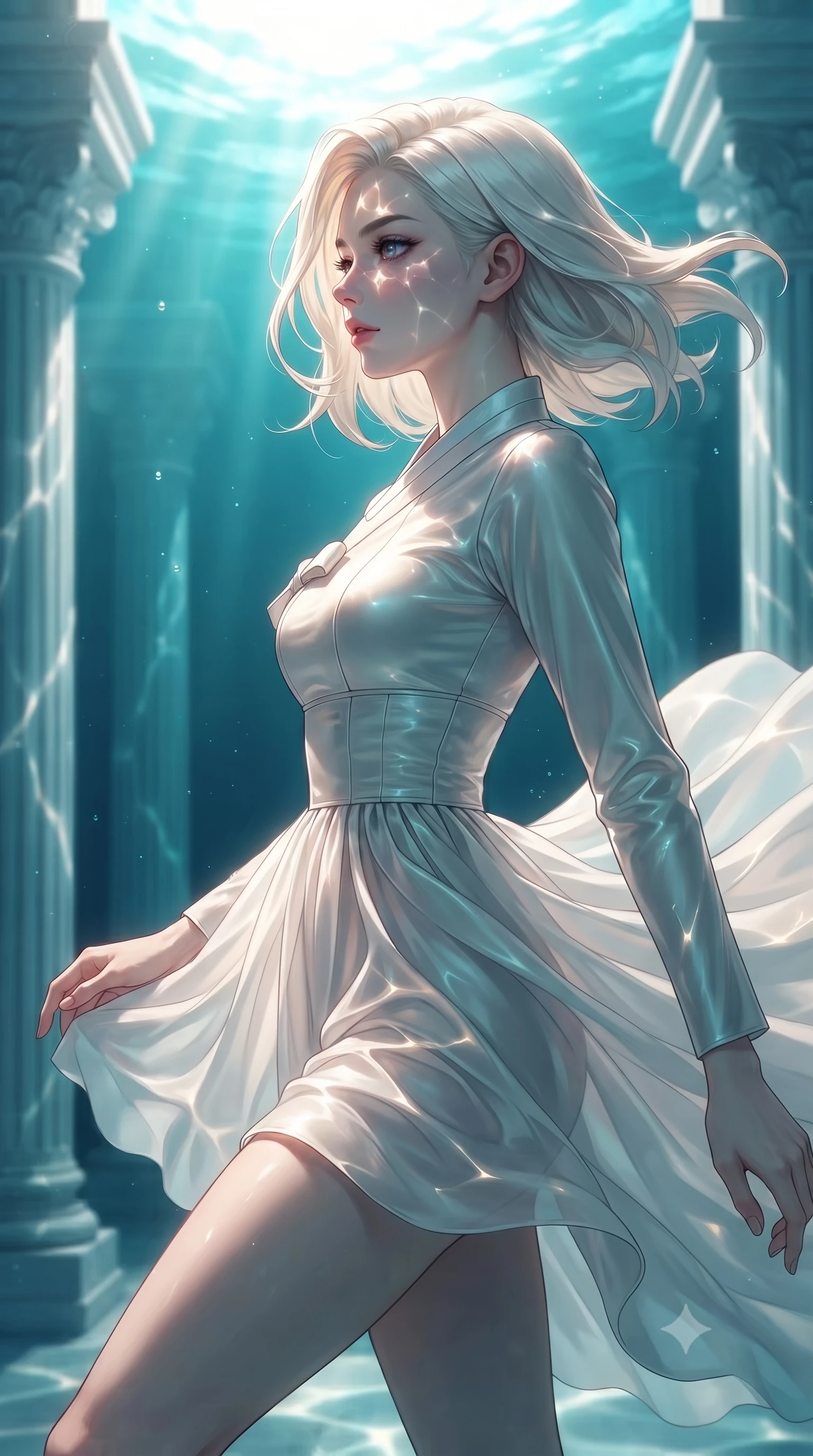 score_9, masterpiece, best quality, ultra-detailed, high-budget anime keyframe, editorial fashion photography, tasteful artistic composition, Caucasian woman. close-up cowboy shot from the waist and thighs up, the character dominates the composition, filling the frame with her large presence, background elements kept in soft focus. Turning her face in sharp dramatic profile against the bright light, showcasing her sharp v-shaped jawline floating gracefully through a sunken white marble colonnade underwater, golden sunbeams penetrating deep turquoise water creating caustic light patterns. She has an exceptionally elegant, slender, and willowy female figure with an ultra-slim waist, a gracefully sculpted slender torso, and a refined silhouette. sharp v-shaped jawline, high-bridge nose, intricate jewel-like eyes with depth, thick eyelashes, glossy lips with a natural sheen. wearing a modern fusion silk hanbok dress with a structured bodice and flowing chiffon skirt, the sleek second-skin texture accentuating her magnetic presence. surrounded by a shimmering ocean aura with bright pearl-white rim lights. ultra-reflective glossy finish, specular highlights, metallic sheen, high-contrast stereoscopic depth, volumetric dynamic lighting, 2k, ultra detail, master piece, 9:16 ratio