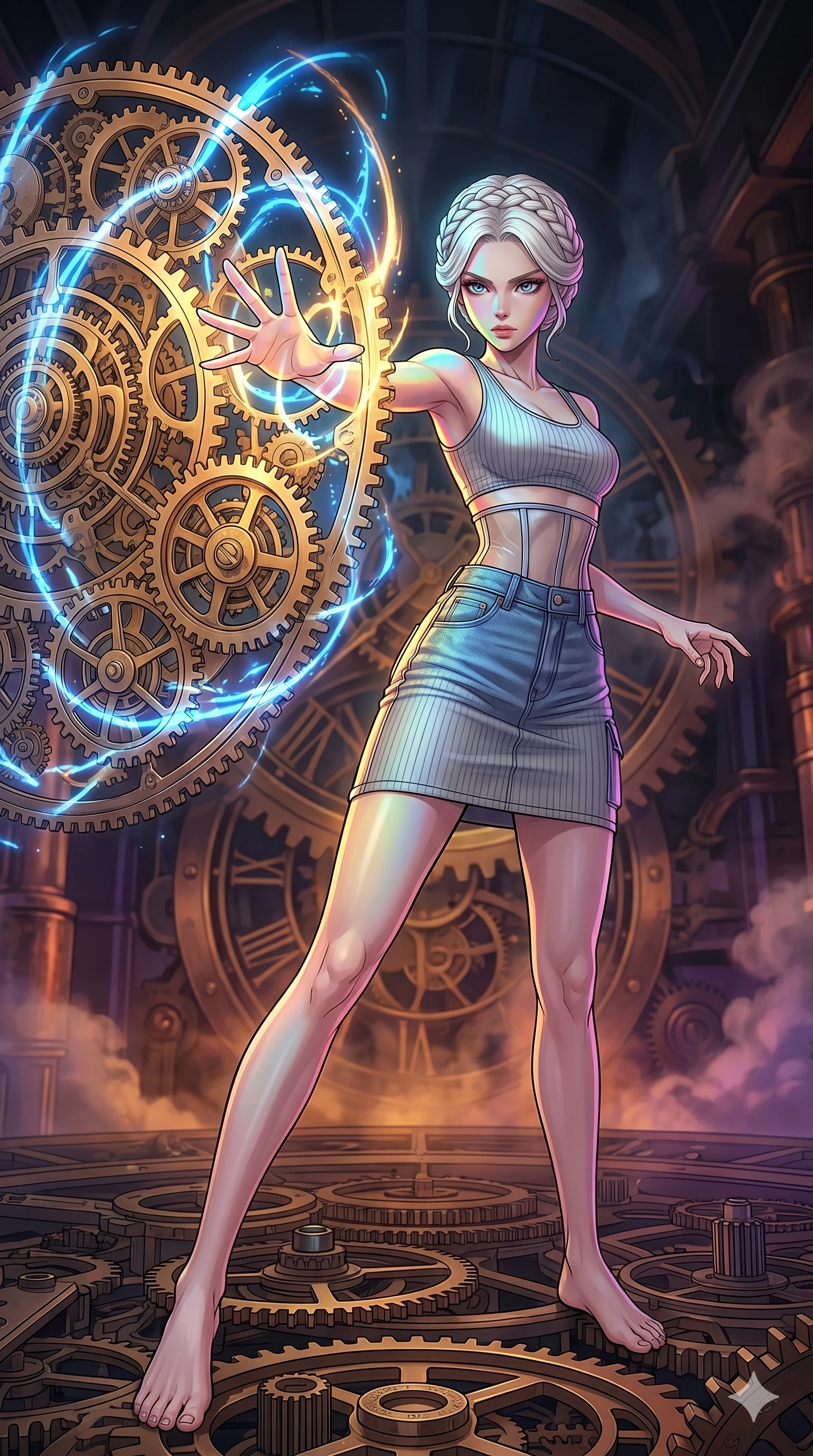 score_9, masterpiece, best quality, ultra-detailed, high-budget anime movie keyframe, cinematic anime lighting, intricate line art, Japanese woman. Dynamic full-body shot stretching the vertical silhouette with extreme perspective. summoning a barrier of gears and clockwork parts. She has an absolutely perfect 8-heads proportion, an exceptionally tall and slender female figure with an ultra-slim waist and impossibly long slender legs. strictly human anatomy, two legs only, no extra limbs, clearly defined legs and arms, perfect anatomy, perfect hands and fingers. sharp v-shaped jawline, high-bridge nose, intricate jewel-like eyes, thick eyelashes, glossy lips. Wearing Urban Trendsetter: Ribbed bodycon dress, crop top with high-waist denim, and sheer corset with cargo pants. The scene is illuminated by dramatic atmospheric lighting and vibrant color palettes. , 2k, ultra detail, master piece, 9:16 ratio