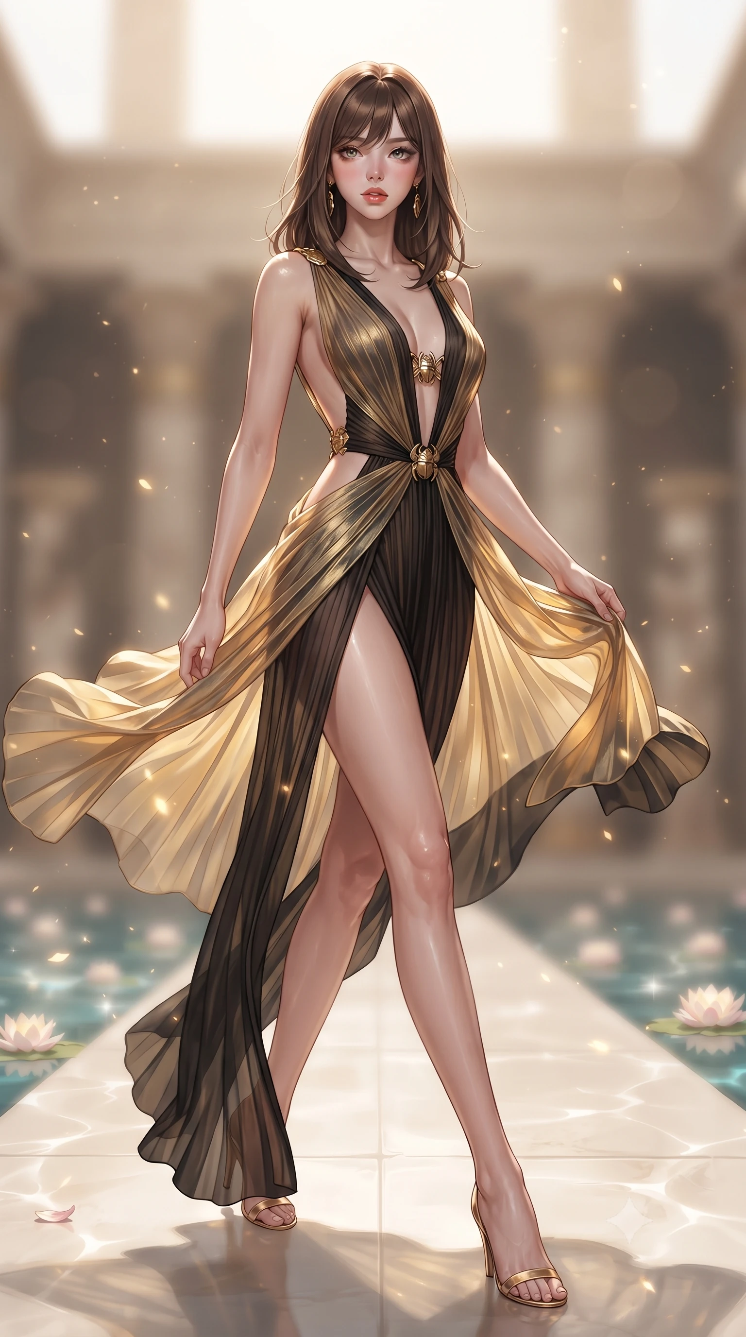 score_9, masterpiece, best quality, ultra-detailed, high-budget anime keyframe, editorial fashion photography, tasteful artistic composition, Korean woman. low angle full-body shot from head to toe showing her feet, filling the entire 9:16 vertical frame with her statuesque presence, stretching her vertical silhouette. striding forward in a proud supermodel runway stride, hips swaying in an alluring kinetic rhythm that accentuates her curvy hourglass silhouette while pivoting gracefully on the polished alabaster temple floor, her sheer pleated gold drapery swirling around her statuesque hips and long legs. The composition keeps background elements in soft focus with creamy bokeh. sparkling pool caustics and floating lotus petals scattering radiant sunlight motes across the sanctuary. She has an absolutely perfect, statuesque 8.5-heads proportion, an exceptionally tall and slender model-like female figure with impossibly long slender legs, a toned flat midriff, an ultra-slim waist, and beautifully sculpted feminine hips. sharp v-shaped jawline, high-bridge nose, intricate jewel-like eyes with depth, thick eyelashes, glossy parted lips with a natural sheen, intensely captivating and seductive bedroom-eyes expression, flawlessly proportioned anatomical accuracy, strict slender model proportions, natural body alignment, perfectly sculpted long slender limbs, ultra-slim waistline, clean dynamic posture without body distortion. wearing a liquid-gold metallic pleated column gown with an ultra-deep plunging open back and hip-hugging silhouette in deep obsidian black and metallic gold trim, tailored from fluid silk crepe with delicate inner corsetry boning, finished with a dramatic open back secured by golden scarab clasps, the precision-cut side openings and low-back scoop framing her graceful spine and the sensual sweep of her hips. surrounded by a sovereign, divine, and breathlessly mesmerizing Nile queen aura. ultra-reflective glossy finish, specular highlights, rich textural contrasts, high-contrast stereoscopic depth, volumetric dynamic lighting, 2k, ultra detail, master piece, 9:16 ratio