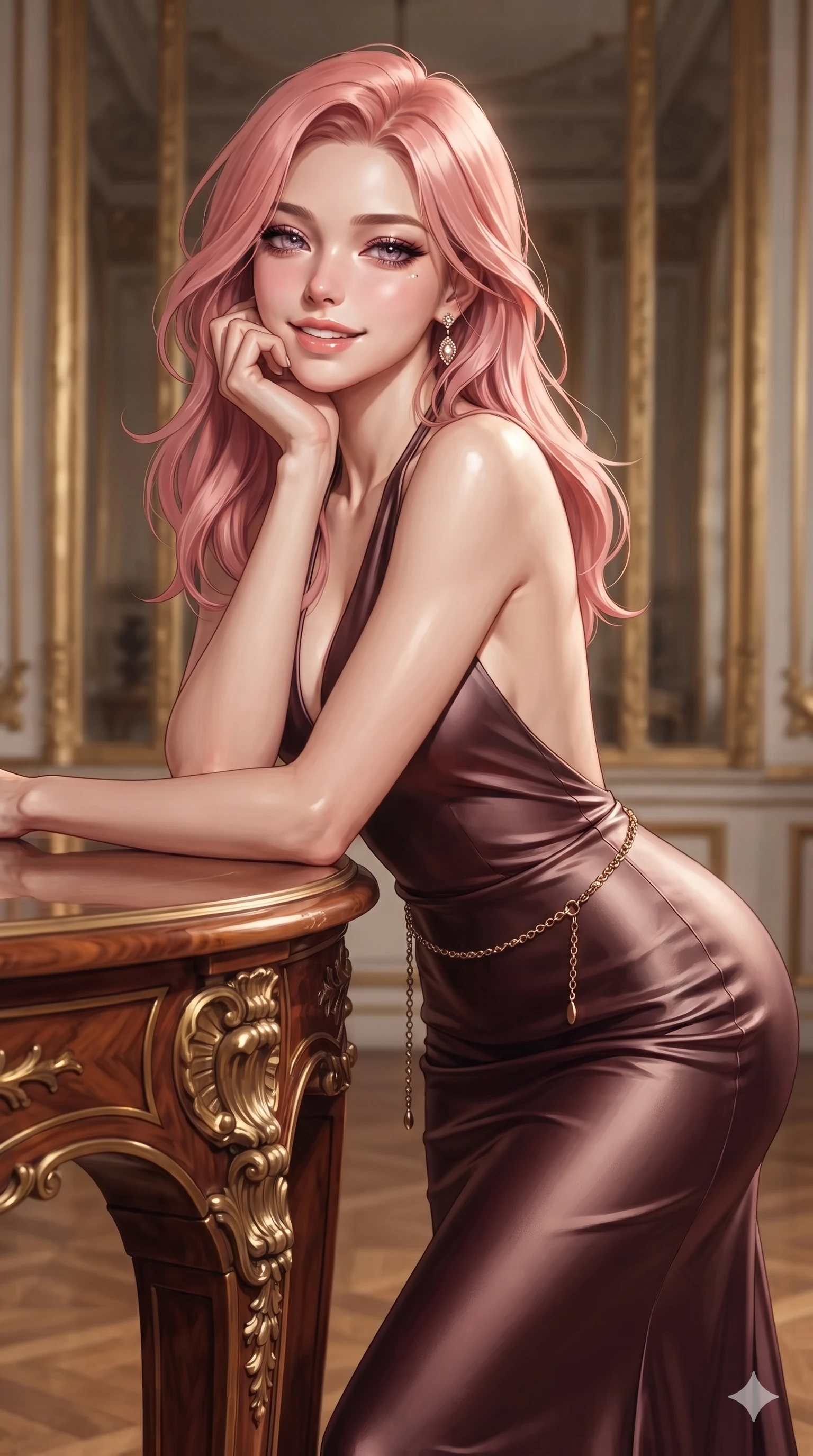 score_9, masterpiece, best quality, ultra-detailed, high-budget anime keyframe, editorial fashion photography, tasteful artistic composition, Japanese woman. close-up cowboy shot from the waist and thighs up, the character dominates the composition, filling the frame with her large presence. resting one elbow on the table and supporting her chin, leaning close to the camera with heavy-lidded sparkling eyes and parted lips while turning slowly with an enchanting smoldering smile, her glossy hair tossing in the breeze as her hips angle gracefully before floor-to-ceiling gilded mirrors. The composition keeps background elements in soft focus with creamy bokeh: gentle coastal night breeze softened in grand palace foyer shallow focus. She has an exceptionally elegant, slender, and willowy female figure with an ultra-slim waist, flat toned midriff, narrow ribcage, and sculpted feminine hips creating an alluring, slim hourglass silhouette without bulk. sharp v-shaped jawline, high-bridge nose, intricate jewel-like eyes with depth, thick eyelashes, glossy parted lips with a natural sheen, intensely captivating and seductive bedroom-eyes expression, flawlessly proportioned anatomical accuracy, strict slender model proportions, natural body alignment, perfectly sculpted long slender limbs, ultra-slim waistline, clean dynamic posture without body distortion. wearing an open-back halterneck gala gown in liquid bronze jersey that drapes gracefully along her slender spine in deep wine burgundy and brushed dark platinum, tailored from ultra-smooth duchess satin with a pearlescent sheen, accented with a delicate gold chain belt resting loosely on her curvy hips, the glove-like clinging cut tightly following the natural contour of her hips and long slender legs with youthful 8.5-heads elegance. sharp directional spotlights sculpting her razor-sharp jawline, narrow waist, and curvy hips. ultra-reflective glossy finish, specular highlights, rich textural contrasts, high-contrast stereoscopic depth, volumetric dynamic lighting, 2k, ultra detail, master piece, 9:16 ratio