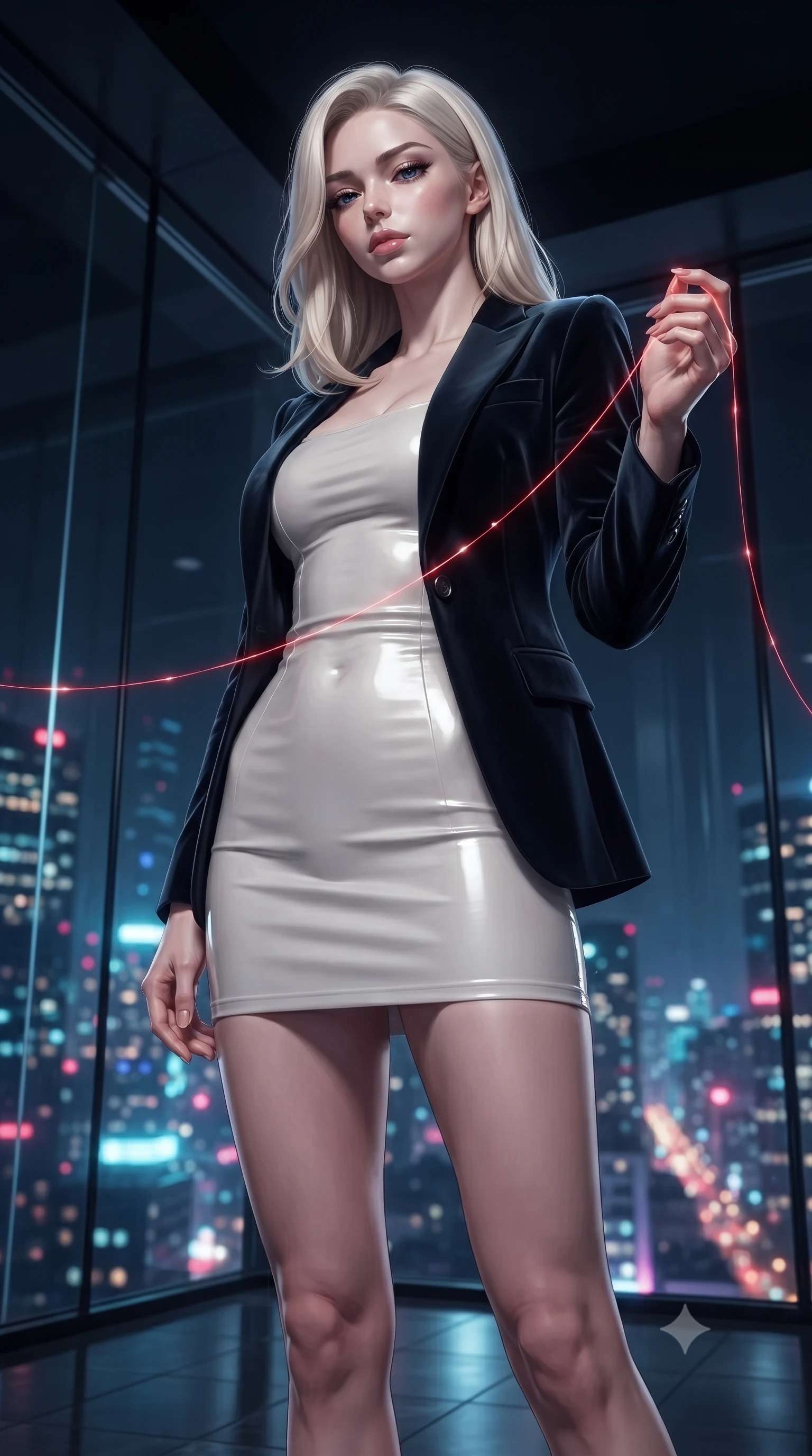 score_9, masterpiece, best quality, ultra-detailed, High-budget Anime Keyframe, editorial fashion photography, tasteful artistic composition, realistic cosplay photography, Caucasian woman, strictly human ears. Low angle cowboy shot filling the entire 9:16 frame with her statuesque presence. Scenario 523: tracing a glowing red thread of fate with her fingers in a luxury penthouse with floor-to-ceiling glass walls overlooking a neon grid. Her presence is magnetic and overpowering in this high-budget cinematic scene. Outfit 523: a form-contouring pearl white matte vinyl mini dress layered under a structured velvet blazer. The clothing is designed to emphasize her exceptionally tall and slender 8-heads proportion. 8-heads proportion, towering silhouette, ultra-slim waist. sharp v-shaped jawline, intricate jewel-like eyes with depth, thick eyelashes, glossy lips. ultra-reflective glossy finish, specular highlights, metallic sheen, high-contrast stereoscopic depth, volumetric dynamic lighting, 2k, ultra detail, master piece, 9:16 ratio