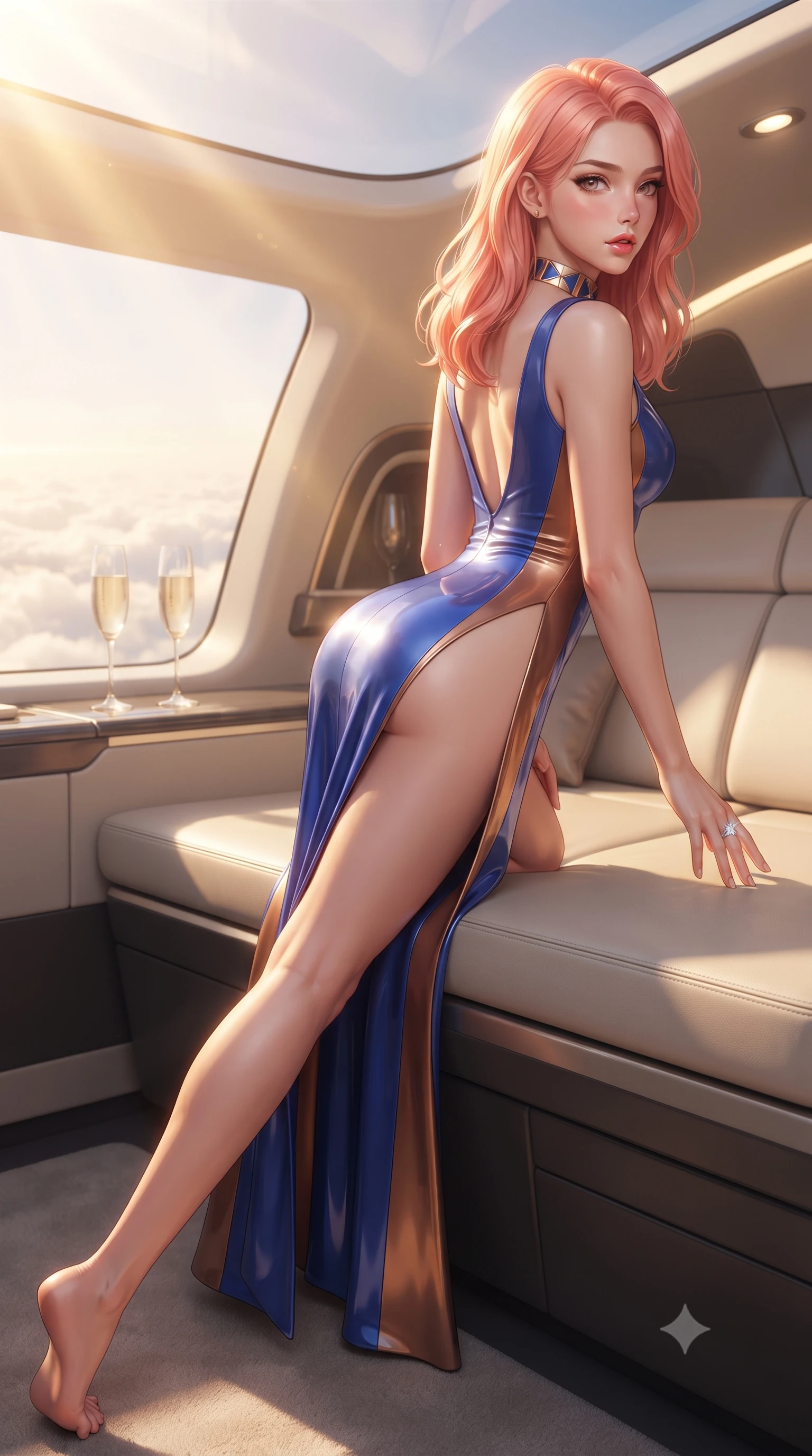score_9, masterpiece, best quality, ultra-detailed, high-budget anime keyframe, editorial fashion photography, tasteful artistic composition, Japanese woman. low angle full-body shot from head to toe showing her feet, filling the entire 9:16 vertical frame with her statuesque presence, stretching her vertical silhouette. posing with back turned slightly to the lens, glancing back with smoldering allure as she arches her lower back to emphasize her sculpted feminine hips and slender waist while reclining across the private sky-lounge sunbed, one slender leg extended to accentuate her willowy yet curvy silhouette above the cloud horizon. The composition keeps background elements in soft focus with creamy bokeh. sleek aerodynamic cabin bulkheads and champagne flutes softened in luxurious shallow focus. She has an exceptionally tall and slender model-like 8.5-heads proportion, an ultra-slim waist, a flat toned midriff, narrow delicate ribcage, and beautifully sculpted feminine hips creating a graceful, slim hourglass silhouette without any bulky heaviness, with impossibly long slender legs. sharp v-shaped jawline, high-bridge nose, intricate jewel-like eyes with depth, thick eyelashes, glossy parted lips with a natural sheen, intensely captivating and seductive bedroom-eyes expression, flawlessly proportioned anatomical accuracy, strict slender model proportions, natural body alignment, perfectly sculpted long slender limbs, ultra-slim waistline, clean dynamic posture without body distortion. wearing a plunging-V neckline duchess satin gown with high side slits ascending to the high hip in royal sapphire blue and liquid bronze, tailored from second-skin aerodynamic stretch vinyl with specular wet sheen, complemented by a bold geometric choker and sparkling cocktail ring, the precision-cut side openings and low-back scoop framing her graceful spine and the sensual sweep of her slim, toned hips. bathed in glorious golden hour stratospheric sunbeams filtering through the glass canopy. ultra-reflective glossy finish, specular highlights, rich textural contrasts, high-contrast stereoscopic depth, volumetric dynamic lighting, 2k, ultra detail, master piece, 9:16 ratio