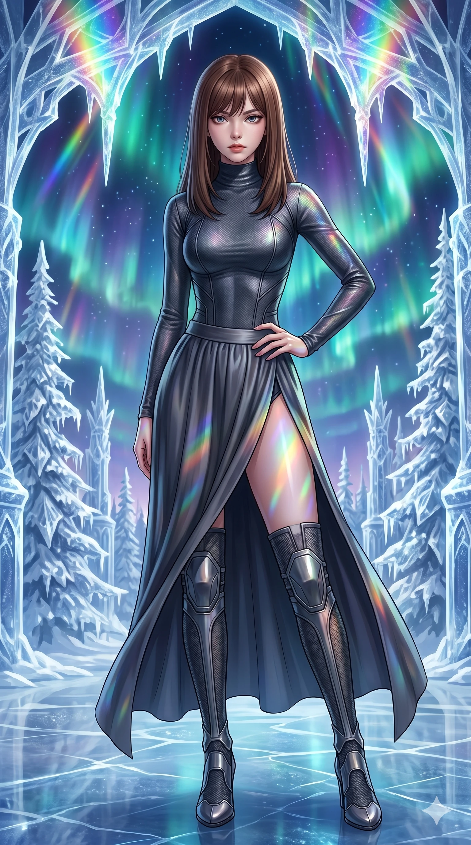 score_9, masterpiece, best quality, ultra-detailed, high-budget anime keyframe, editorial fashion photography, tasteful artistic composition, Korean woman. cowboy shot from the thighs up, character and outfit filling the frame for maximum editorial presence. Holding steady direct eye contact with magnetic, commanding confidence within a dreamlike floating winter kingdom with frozen crystal trees and aurora skies. She has an absolutely perfect 8-heads proportion, an exceptionally tall and slender female figure with impossibly long slender legs and an ultra-slim waist. V-shaped jawline, high-bridge nose, intricate jewel-like eyes with depth, thick eyelashes, glossy lips with a natural sheen. wearing a precision-fitted turtleneck bodysuit in deep charcoal metallic fabric that contours the body with architectural seaming, paired with a high-waist silk skirt with a dramatic side slit at mid-thigh. illuminated by cascading rainbow prismatic light refracting through crystal overhead and casting patterns on her skin. 2k, ultra detail, master piece, 9:16 ratio