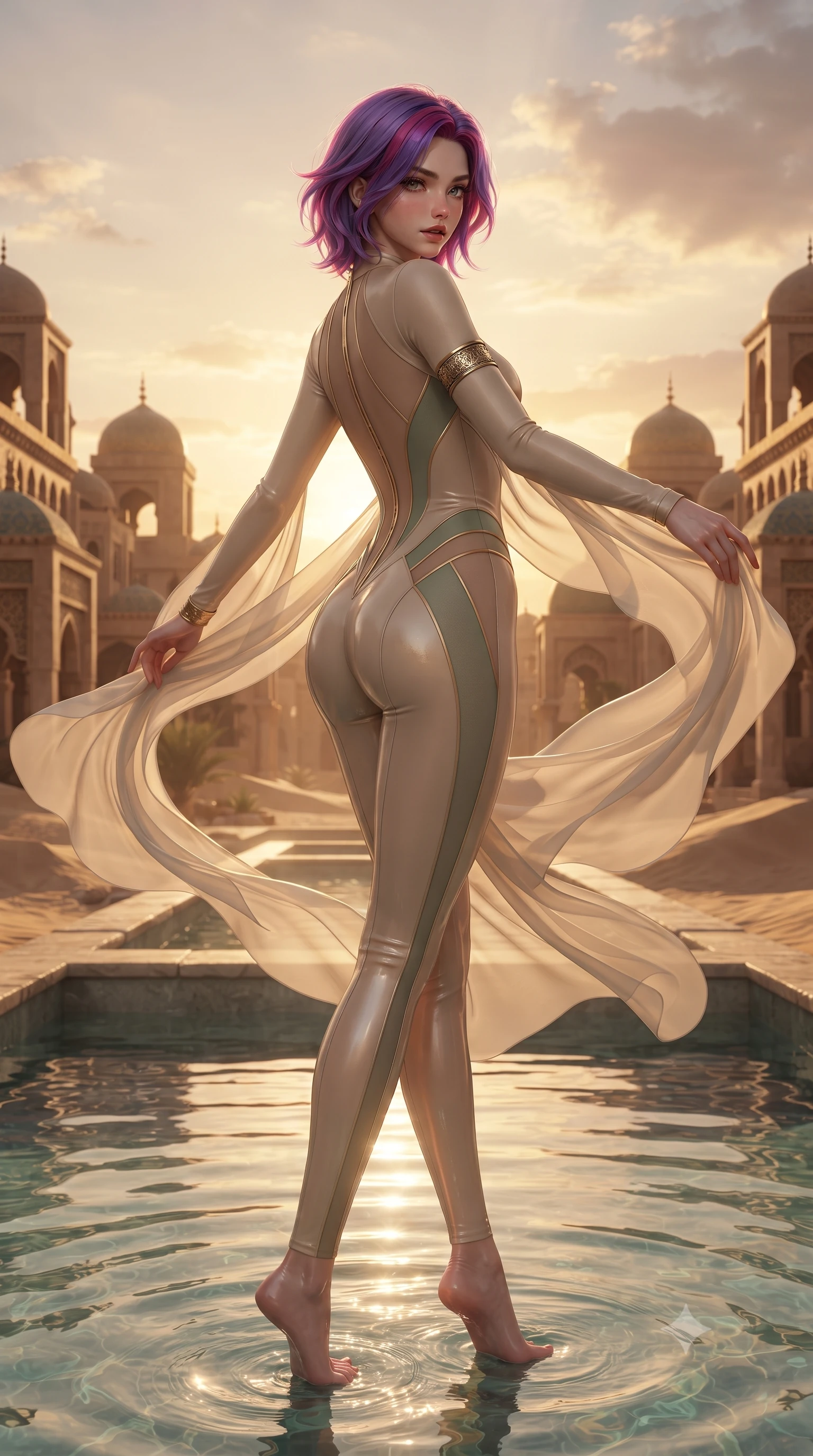 score_9, masterpiece, best quality, ultra-detailed, high-budget anime keyframe, editorial fashion photography, tasteful artistic composition, Caucasian woman. low angle full-body shot from head to toe showing her feet, filling the entire 9:16 vertical frame with her statuesque presence, stretching her vertical silhouette. executing an elegant mid-motion pivot turn as garments swirl around her slender limbs, glancing over her shoulder with an intoxicating bedroom-gaze while dipping her toes into a crystal oasis pool before a mirrored desert palace, hips cocked back in a seductive S-curve as she looks over her shoulder. The surrounding environment is rendered in vivid detail and crisp panoramic clarity. breathtaking desert sunset chiaroscuro and futuristic nomad palace aesthetics rendered with precision. She has an absolutely perfect, statuesque 8.5-heads proportion, an exceptionally tall and slender model-like female figure with impossibly long slender legs, a toned flat midriff, an ultra-slim waist, and beautifully sculpted feminine hips. sharp v-shaped jawline, high-bridge nose, intricate jewel-like eyes with depth, thick eyelashes, glossy parted lips with a natural sheen, intensely captivating and seductive bedroom-eyes expression, flawlessly proportioned anatomical accuracy, strict slender model proportions, natural body alignment, perfectly sculpted long slender limbs, ultra-slim waistline, clean dynamic posture without body distortion. wearing a second-skin sand-colored compression jumpsuit with sheer mesh contouring panels along the spine and hips in desert sage green and molten brass, tailored from fluid silk crepe with delicate inner corsetry boning, accessorized with an engraved brass armlet and sweeping sheer chiffon veil, the glove-like aerodynamic silhouette tightly following the natural contour of her hips and long slender legs with statuesque precision. surrounded by an exotic, sovereign, and breathlessly captivating desert mirage queen aura. ultra-reflective glossy finish, specular highlights, rich textural contrasts, high-contrast stereoscopic depth, volumetric dynamic lighting, 2k, ultra detail, master piece, 9:16 ratio