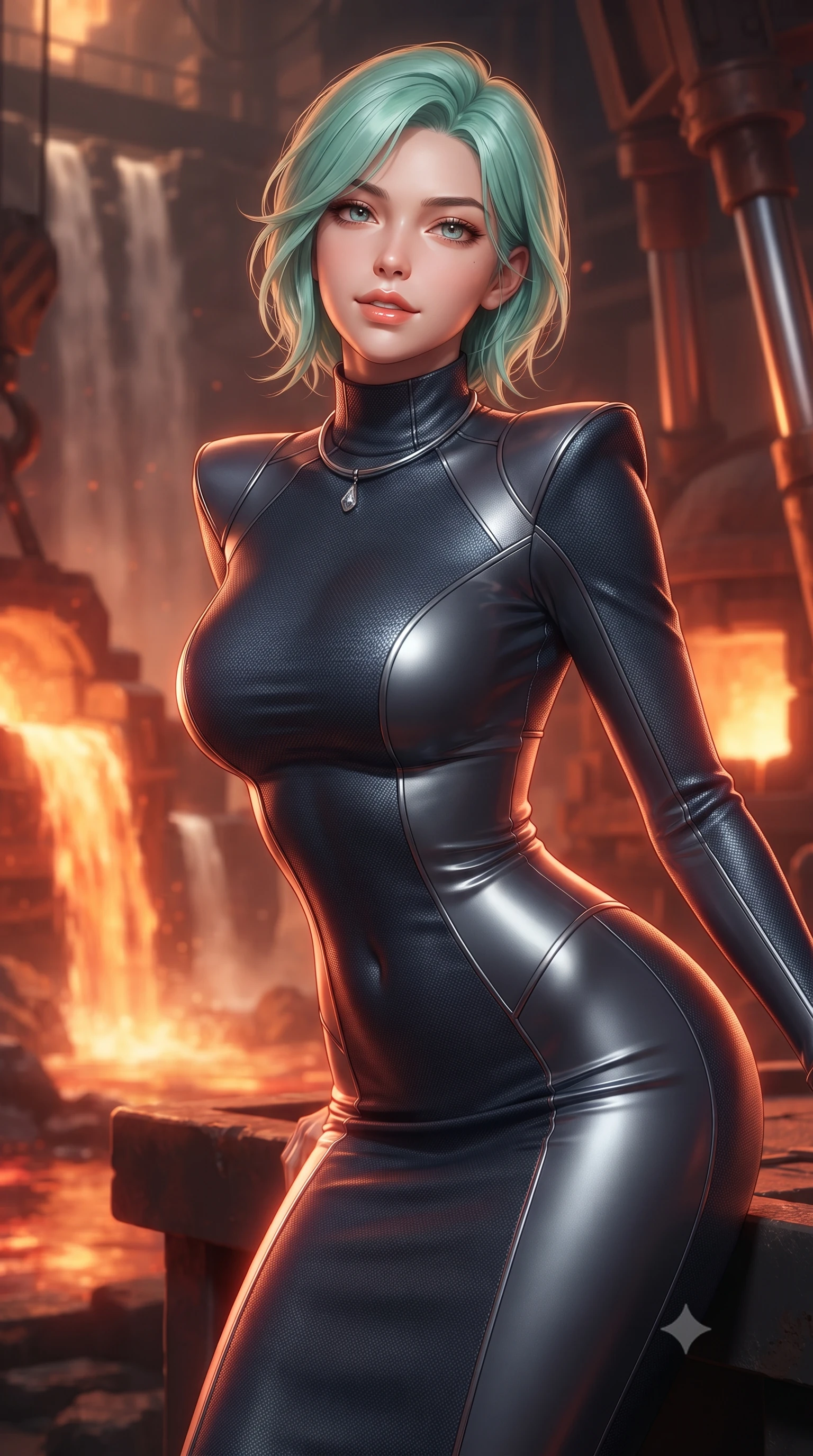 score_9, masterpiece, best quality, ultra-detailed, high-budget anime keyframe, editorial fashion photography, tasteful artistic composition, Japanese woman. close-up cowboy shot from the waist and thighs up, the character dominates the composition, filling the frame with her large presence. leaning forward while arching her lower back to accentuate her curvy hips, looking into the camera with an intoxicating smoldering gaze and bedroom-eyes while twisting her slender torso in an alluring contrapposto stance beside the slag skimming crane, incandescent crimson magma light caressing her narrow waist and curvy hips. The background shows a soft-focus cascading waterfalls of molten liquid slag, glowing orange forge furnaces, and massive hydraulic piston exhausts blurred into amber, copper, and ruby bokeh. She has an exceptionally elegant, slender, and willowy female figure with an ultra-slim waist, flat toned midriff, narrow ribcage, and sculpted feminine hips creating an alluring, slim hourglass silhouette without bulk. sharp v-shaped jawline, high-bridge nose, intricate jewel-like sparkling eyes with depth, thick eyelashes, glossy parted lips with a natural peach sheen, bright cheerful beaming smile with an enchanting and coquettish sensual glint, exuding both youthful cute charm and seductive allure, flawlessly proportioned anatomical accuracy, strict slender model proportions, natural body alignment, perfectly sculpted long slender limbs, ultra-slim waistline, clean dynamic posture without body distortion. wearing a body-hugging liquid mercury jersey combat gown with high mock neck and structured shoulder pads clinging flawlessly to her silhouette in tactical carbon navy and polished chrome, woven from structured carbon-fiber jacquard with rich textural depth, finished with a minimalist chrome choker and a single teardrop diamond pendant, the form-contouring silhouette accentuating her sculpted flat midriff, narrow delicate ribcage, and gracefully curvy hips with intoxicating allure. illuminated by molten slag reflection bounce and sharp copper-gold rim lights sculpting her razor-sharp jawline, narrow waist, and curvy hips. ultra-reflective glossy finish, specular highlights, rich textural contrasts, high-contrast stereoscopic depth, volumetric dynamic lighting, 2k, ultra detail, master piece, 9:16 ratio